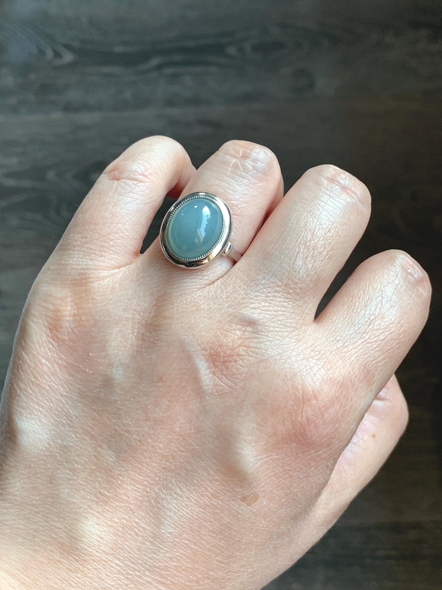 Certified Natural Guatemalan Icy Translucent Dusty Light Blue Jadeite Large Oval Ring Sterling Silver size 7.25 US 4.74g 天然冰胶危浅蓝翡翠镶嵌戒指 7401