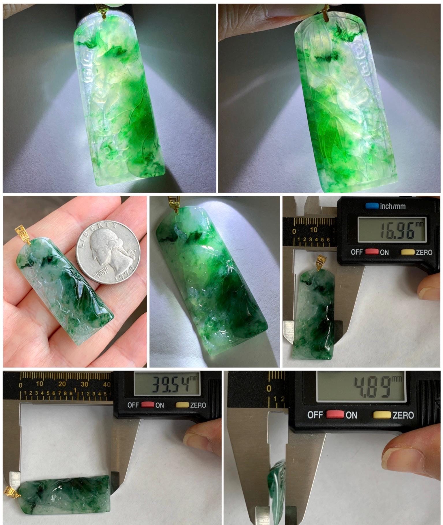 Natural Grade A Icy Highly Translucent Gelatinous Green Marbled Jadeite Koi Fish & Lily Pad Pendant 18K Yellow Gold 天然冰胶飘绿花翡翠荷叶鱼镶嵌吊坠 PLHY330