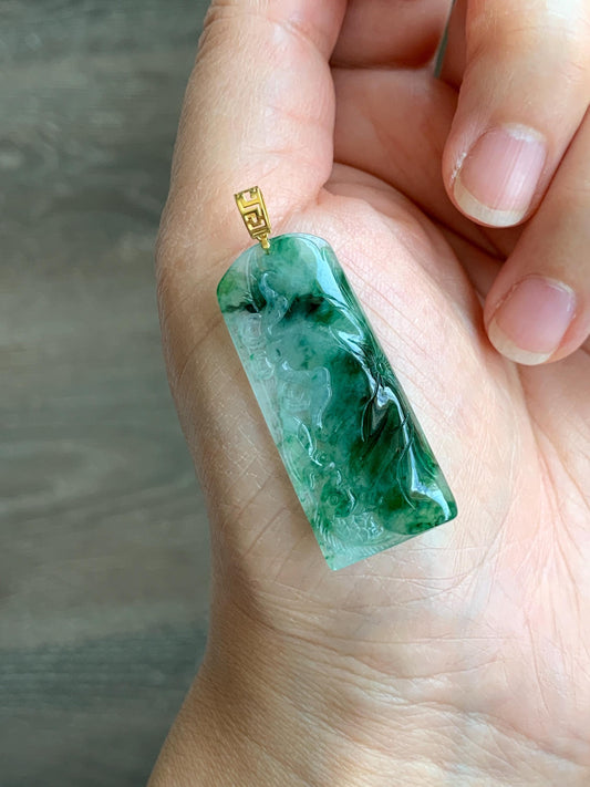 Natural Grade A Icy Highly Translucent Gelatinous Green Marbled Jadeite Koi Fish & Lily Pad Pendant 18K Yellow Gold 天然冰胶飘绿花翡翠荷叶鱼镶嵌吊坠 PLHY330