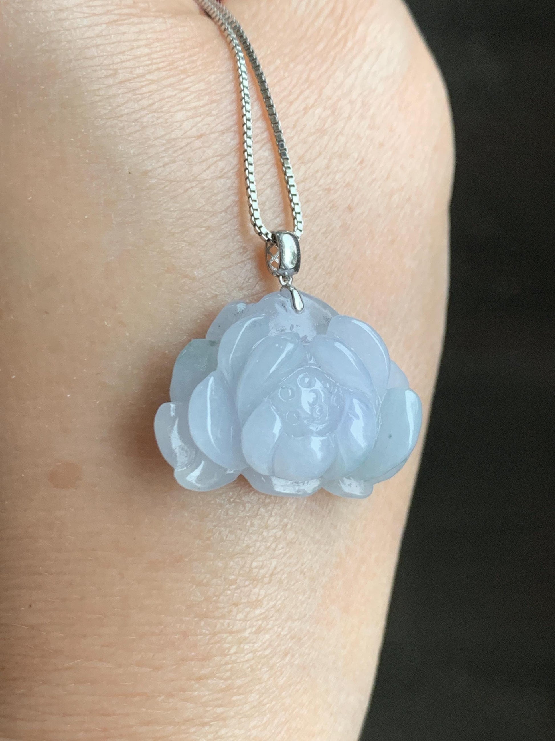Natural Grade A Icy Translucent Pastel Purple Green Marbled Jade Jadeite Lotus Flower Pendant 18K White Gold 7g 天然冰淡紫飘绿花翡翠莲花镶嵌吊坠 MZL560C