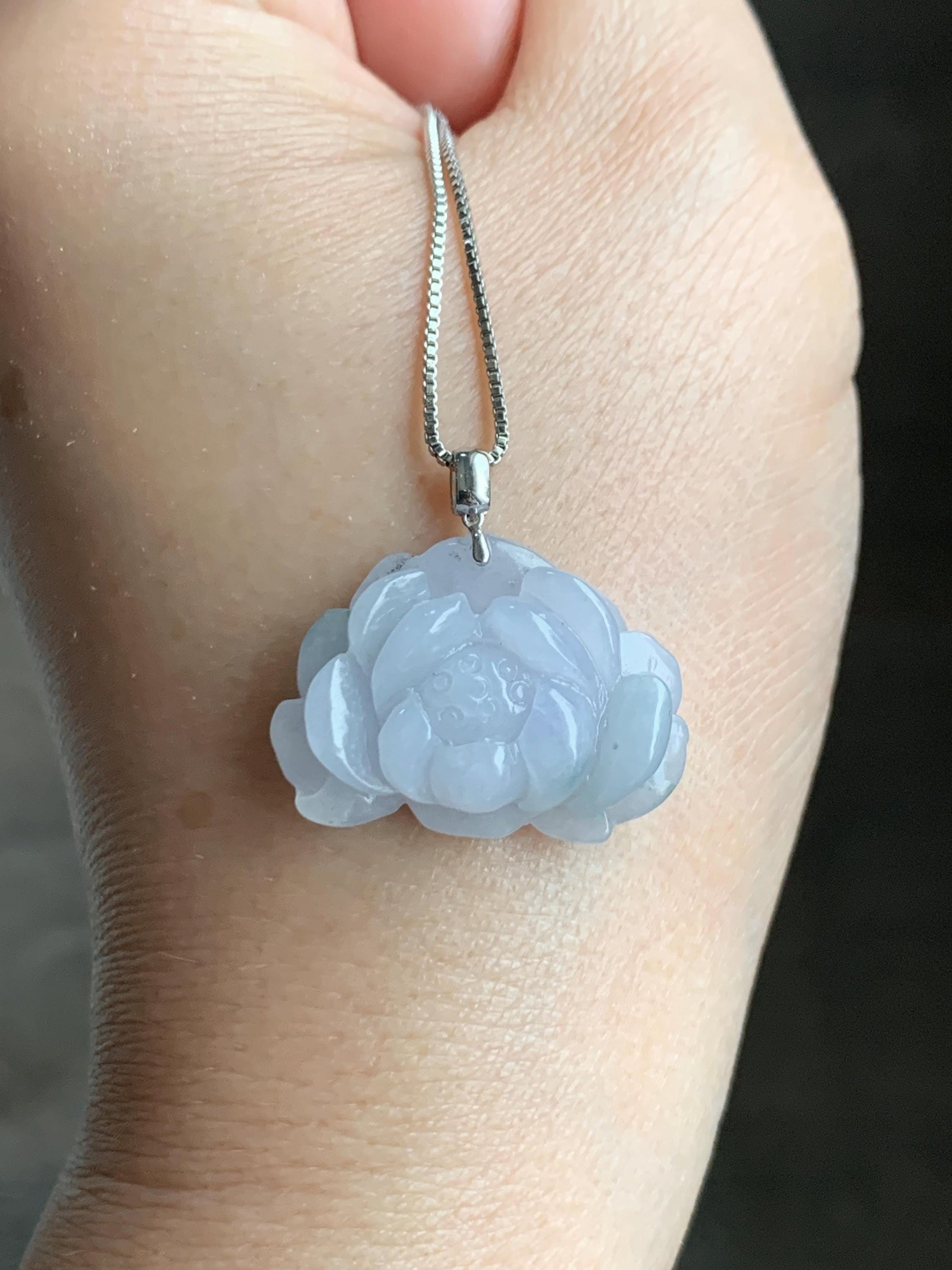 Natural Grade A Icy Translucent Pastel Purple Green Marbled Jade Jadeite Lotus Flower Pendant 18K White Gold 7g 天然冰淡紫飘绿花翡翠莲花镶嵌吊坠 MZL560C