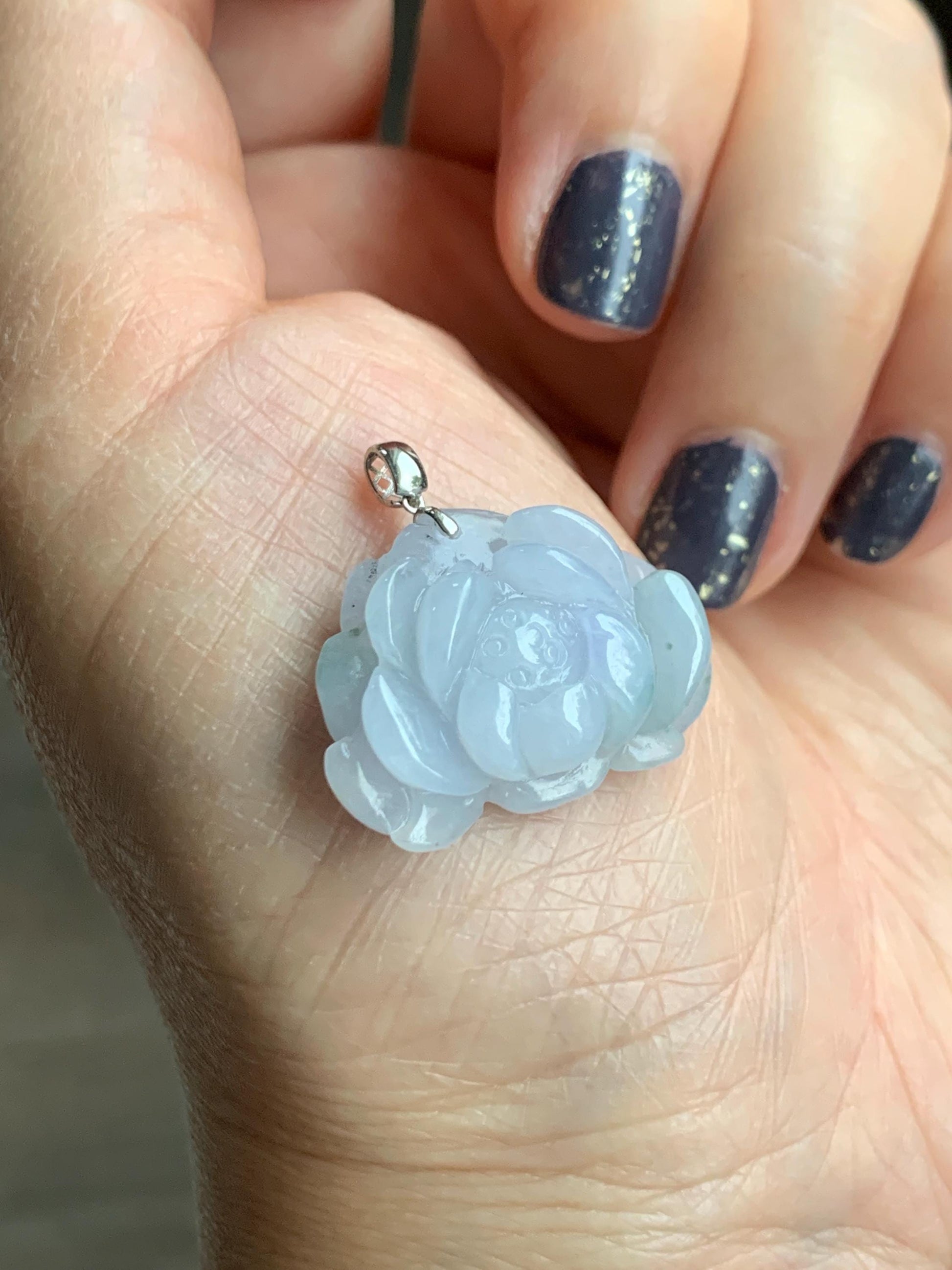 Natural Grade A Icy Translucent Pastel Purple Green Marbled Jade Jadeite Lotus Flower Pendant 18K White Gold 7g 天然冰淡紫飘绿花翡翠莲花镶嵌吊坠 MZL560C