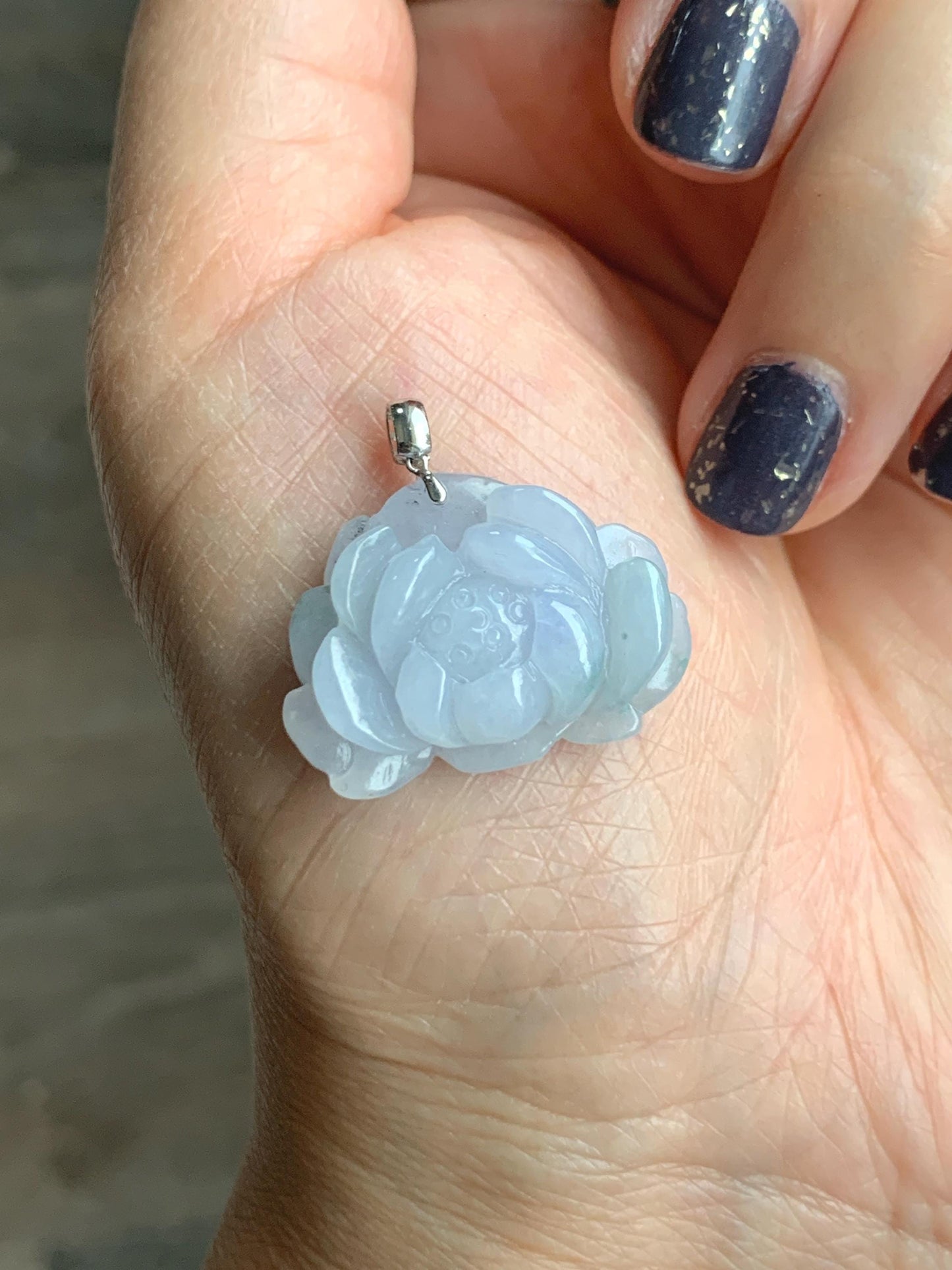Natural Grade A Icy Translucent Pastel Purple Green Marbled Jade Jadeite Lotus Flower Pendant 18K White Gold 7g 天然冰淡紫飘绿花翡翠莲花镶嵌吊坠 MZL560C