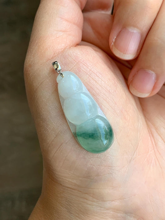 Natural Grade A Icy Translucent Gelatinous Light Green Marbled Jadeite Carved Lucky Peapod Pendant 18K White Gold 5g 天然白冰飘花翡翠福豆镶嵌吊坠 PHFD143