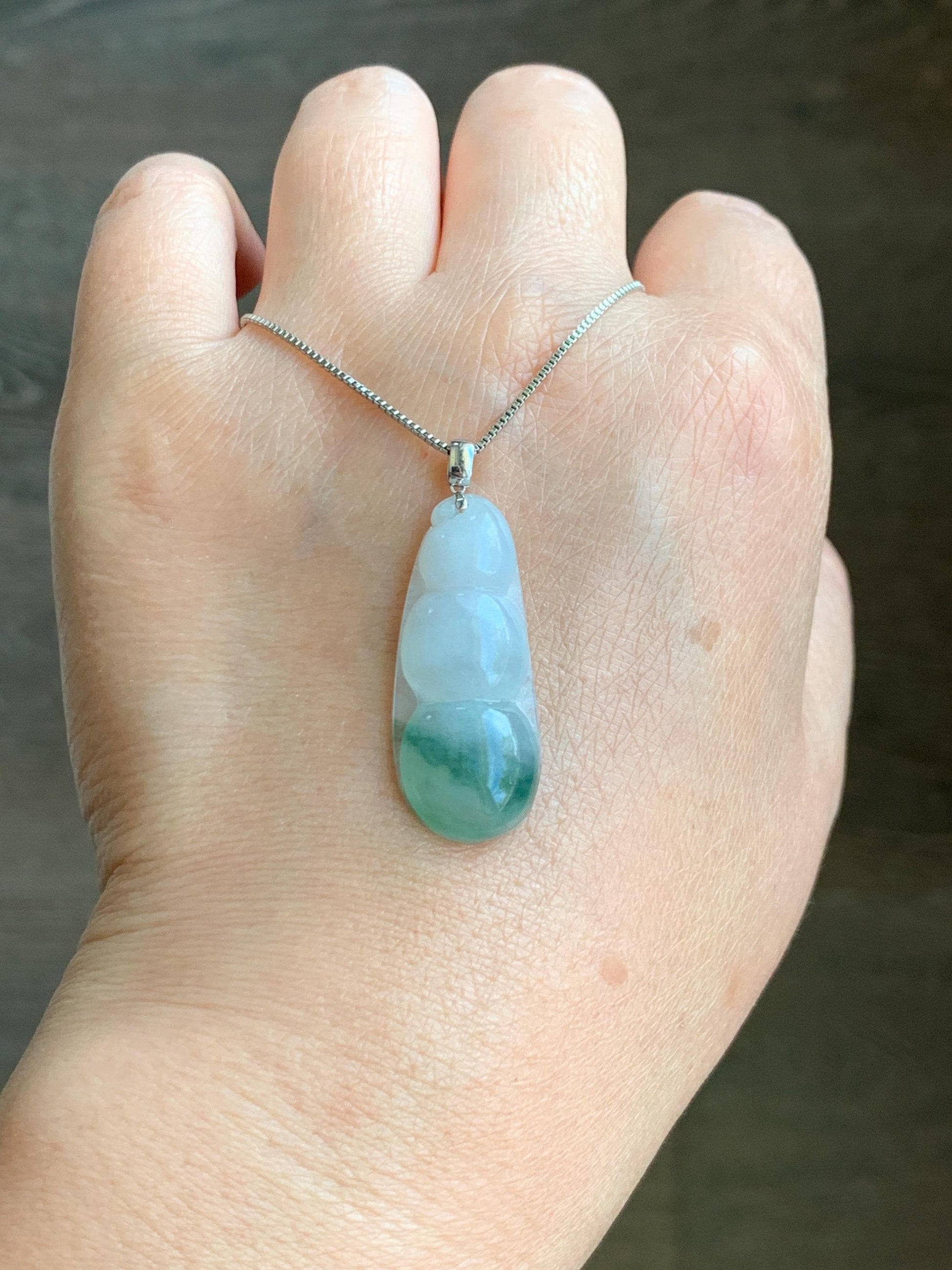 Natural Grade A Icy Translucent Gelatinous Light Green Marbled Jadeite Carved Lucky Peapod Pendant 18K White Gold 5g 天然白冰飘花翡翠福豆镶嵌吊坠 PHFD143