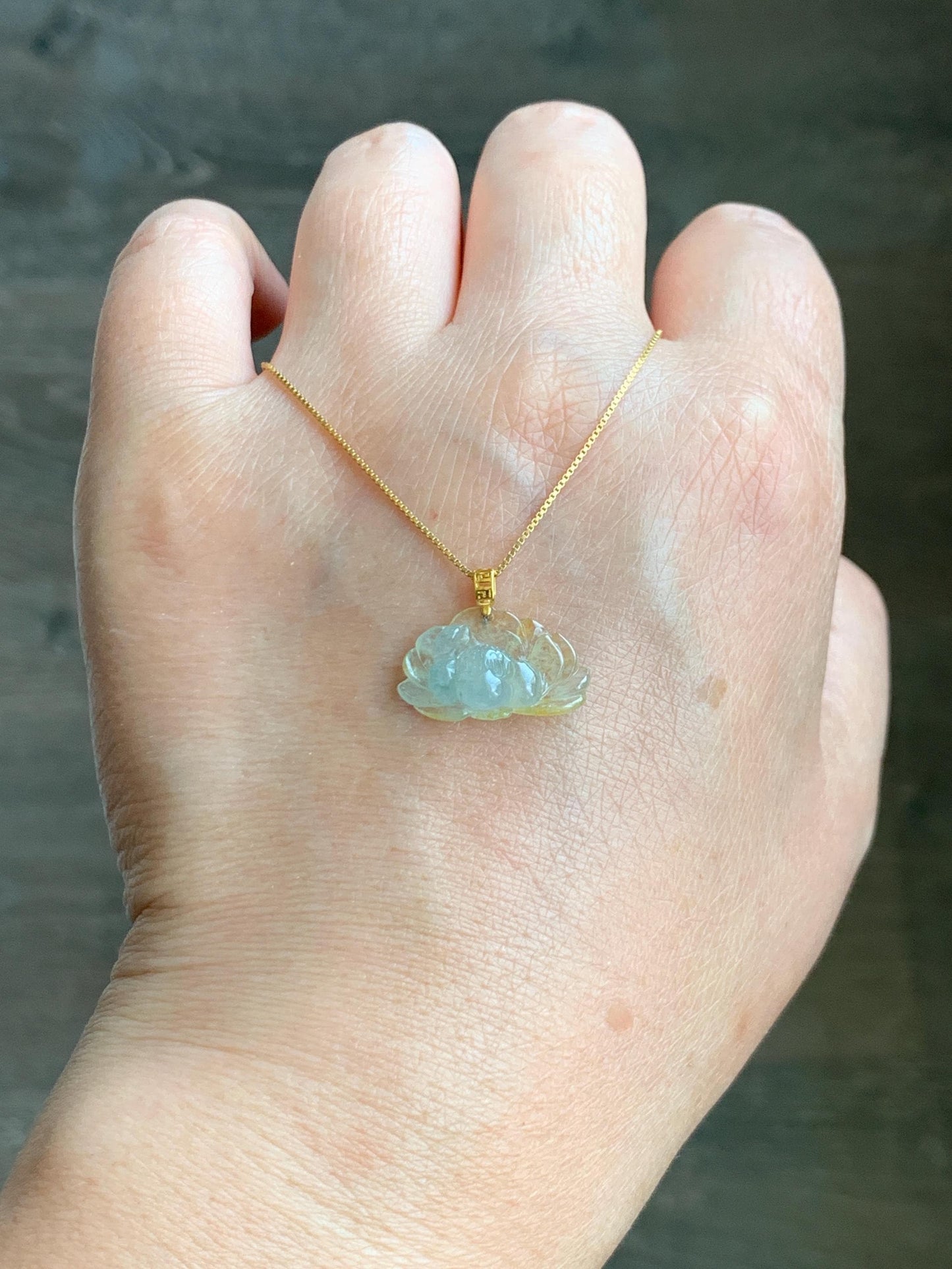 Grade A Natural Icy Highly Translucent Beige Yellow Marbled Jadeite Lotus Flower Petite Pendant 18K Yellow Gold 天然冰糖黄翡翠迷你莲花镶嵌吊坠 XML250A