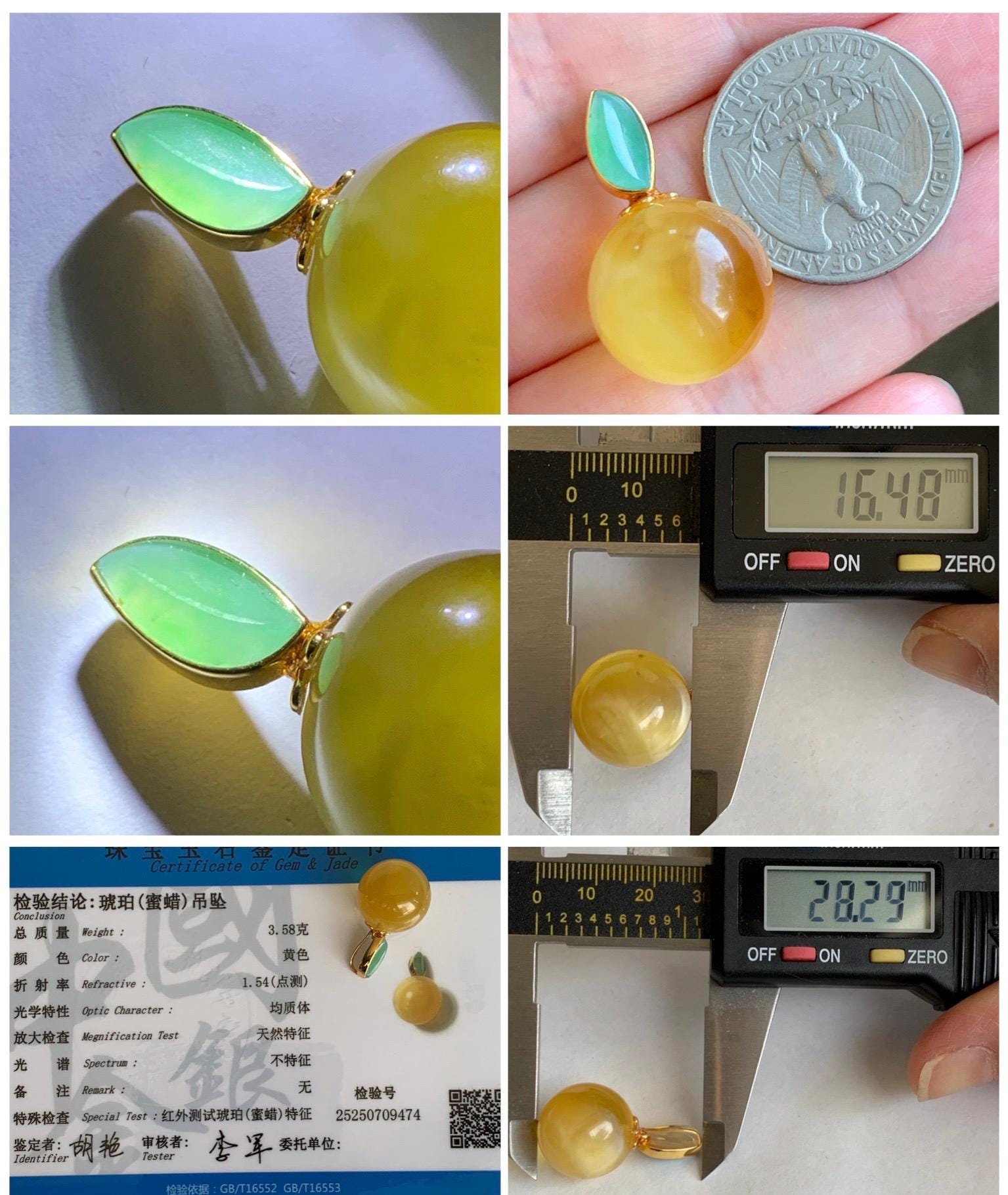 Certified Natural Grade A Icy Translucent Green Jadeite Natural Honey Beewax Sphere Pendant 18K Yellow Gold 3.58g 天然冰果绿翡翠马眼蜜蜡单珠镶嵌吊坠 9474