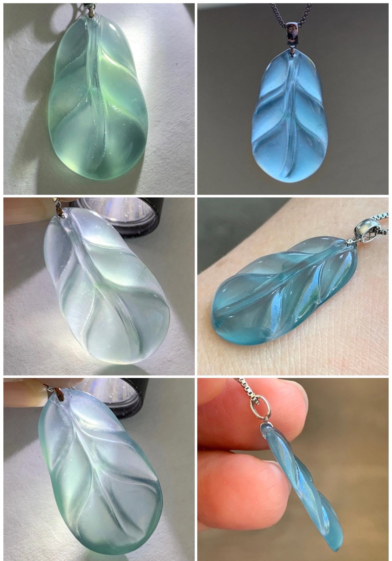 Natural Grade A Guatemalan Premium Icy Highly Translucent Teal Blue Jade Jadeite Leaf Pendant 18K White Gold 3g 天然老种高冰危蓝翡翠叶子大业有成吊坠 XKY336A