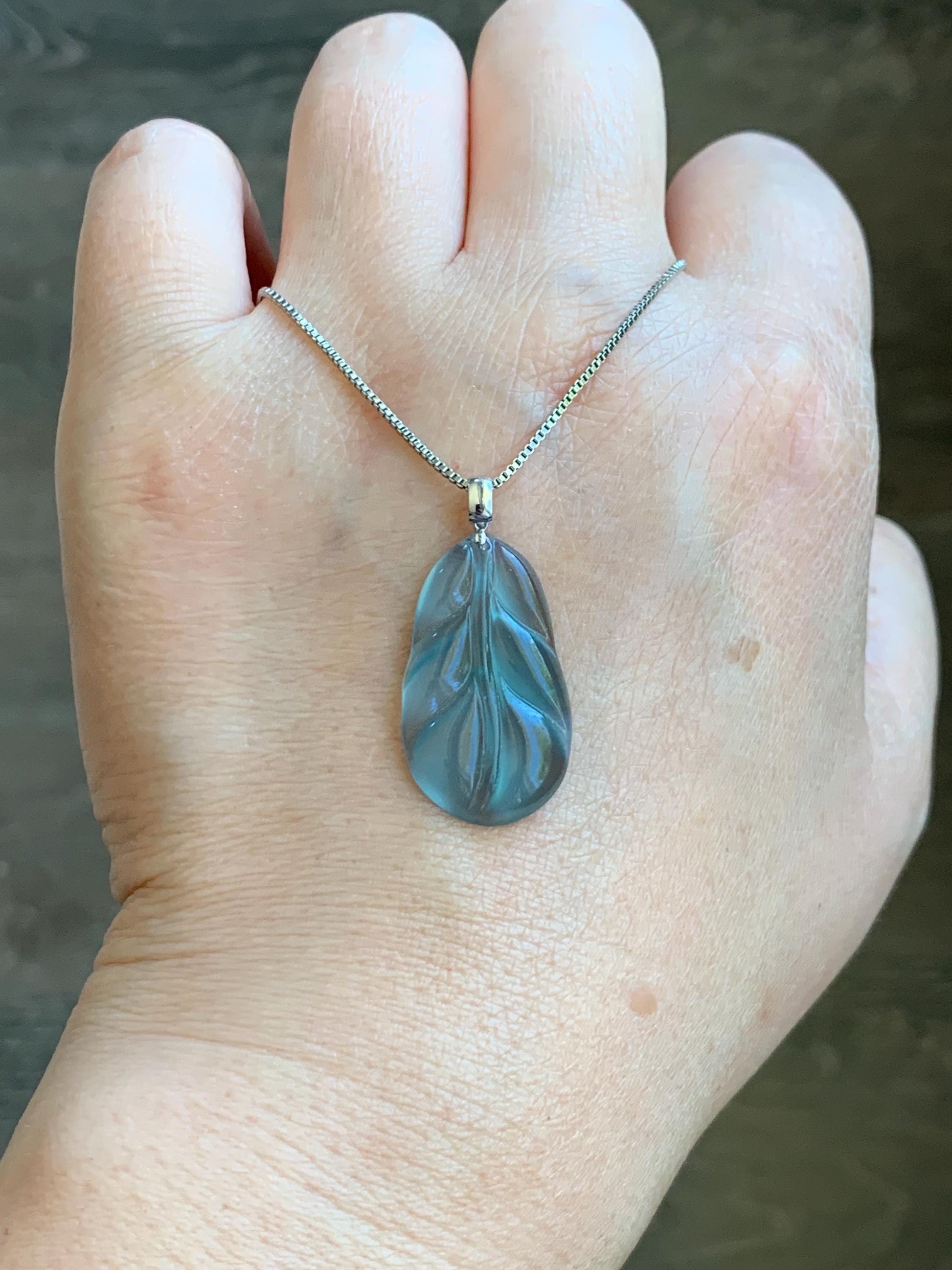 Natural Grade A Guatemalan Premium Icy Highly Translucent Teal Blue Jade Jadeite Leaf Pendant 18K White Gold 3g 天然老种高冰危蓝翡翠叶子大业有成吊坠 XKY336A