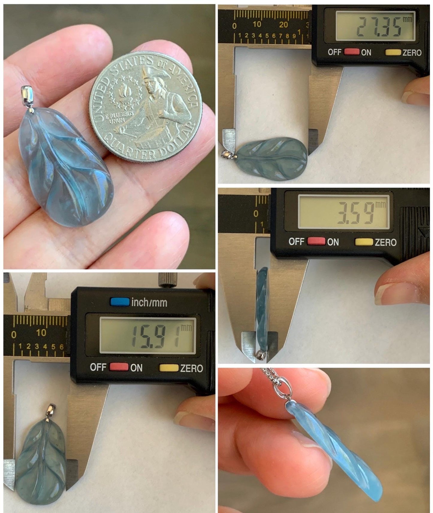 Natural Grade A Guatemalan Premium Icy Highly Translucent Teal Blue Jade Jadeite Leaf Pendant 18K White Gold 3g 天然老种高冰危蓝翡翠叶子大业有成吊坠 XKY336B