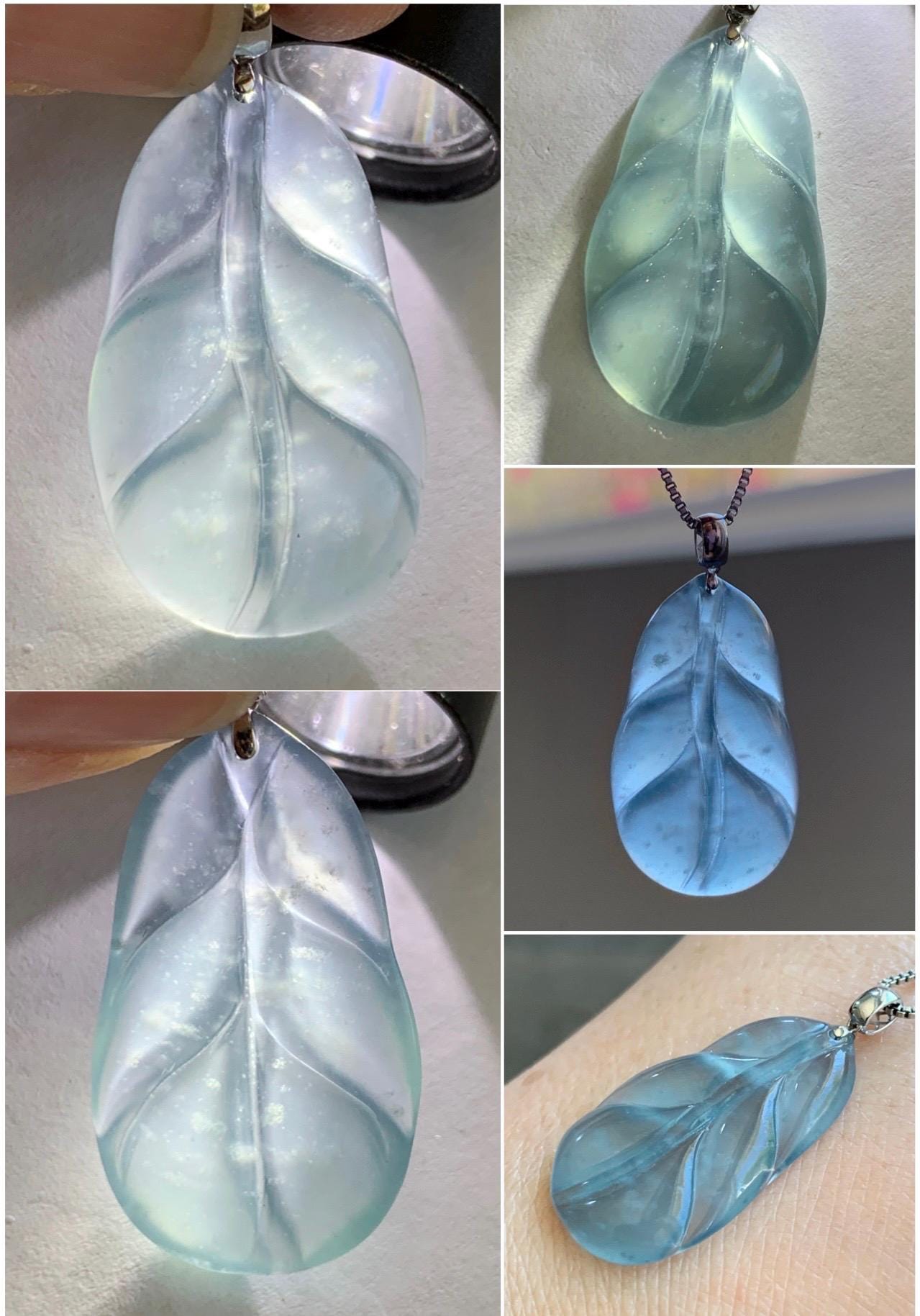 Natural Grade A Guatemalan Premium Icy Highly Translucent Teal Blue Jade Jadeite Leaf Pendant 18K White Gold 3g 天然老种高冰危蓝翡翠叶子大业有成吊坠 XKY336B