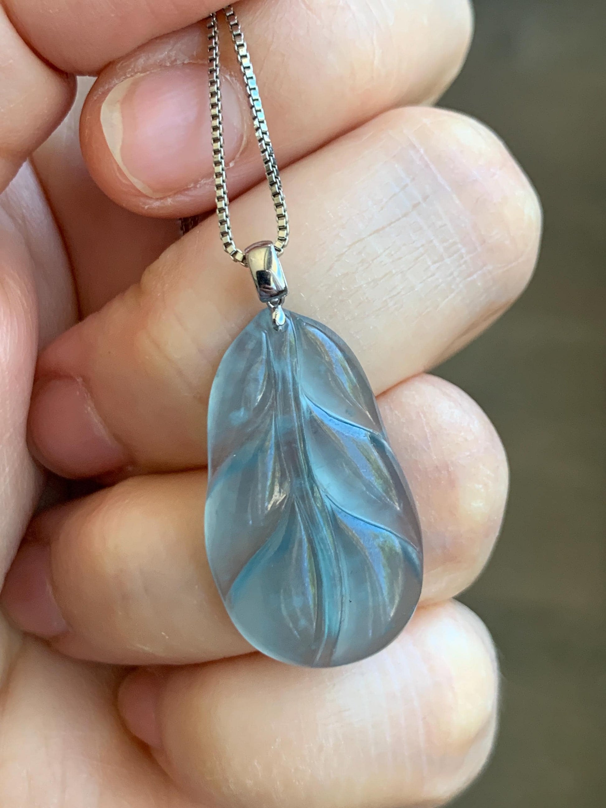 Natural Grade A Guatemalan Premium Icy Highly Translucent Teal Blue Jade Jadeite Leaf Pendant 18K White Gold 3g 天然老种高冰危蓝翡翠叶子大业有成吊坠 XKY336B