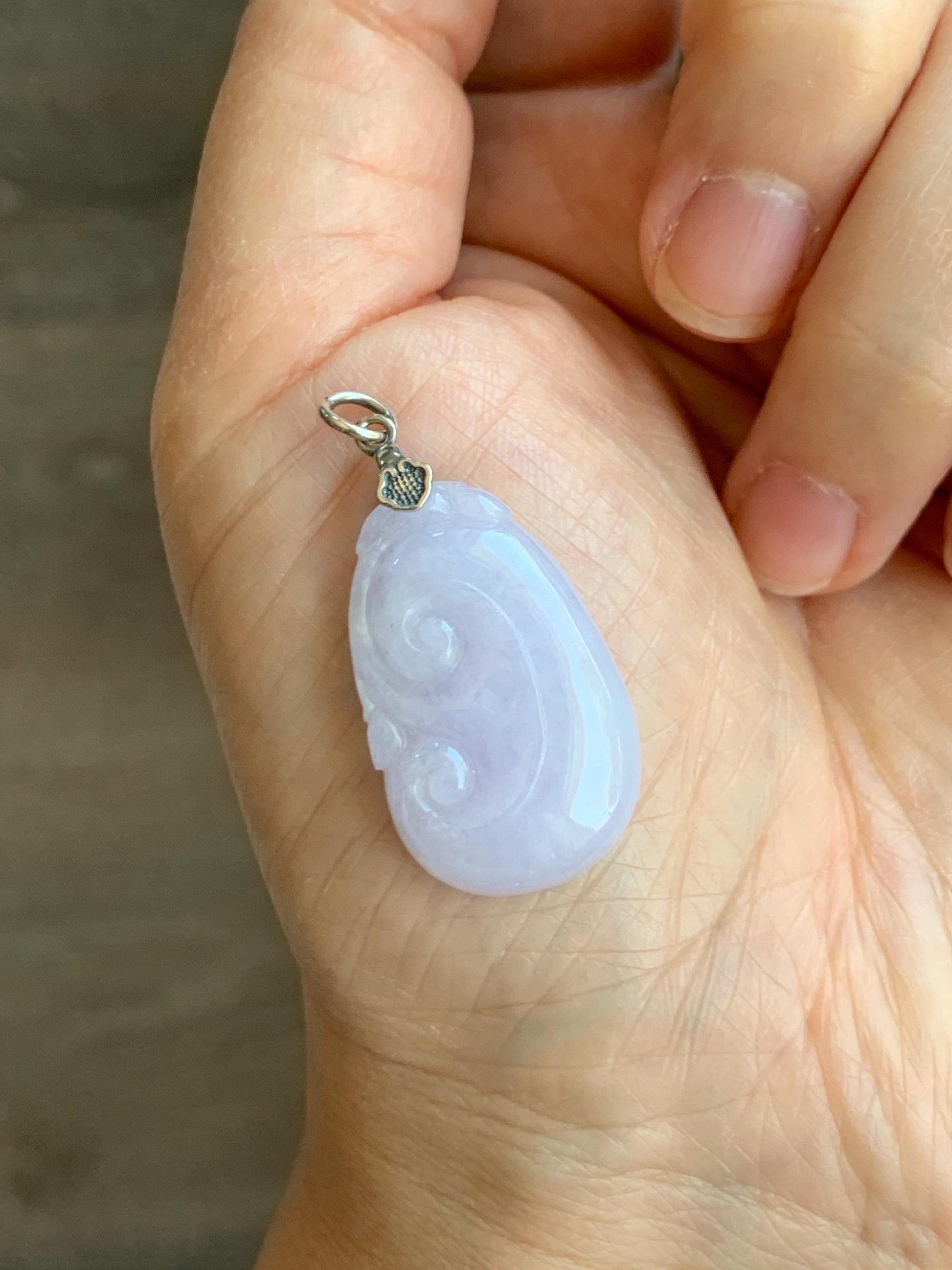 Natural Grade A Icy Translucent Light Purple Jade Jadeite Carved Ruyi Pendant Sterling Silver 6g 天然冰淡紫翡翠如意吊坠 MDZ150