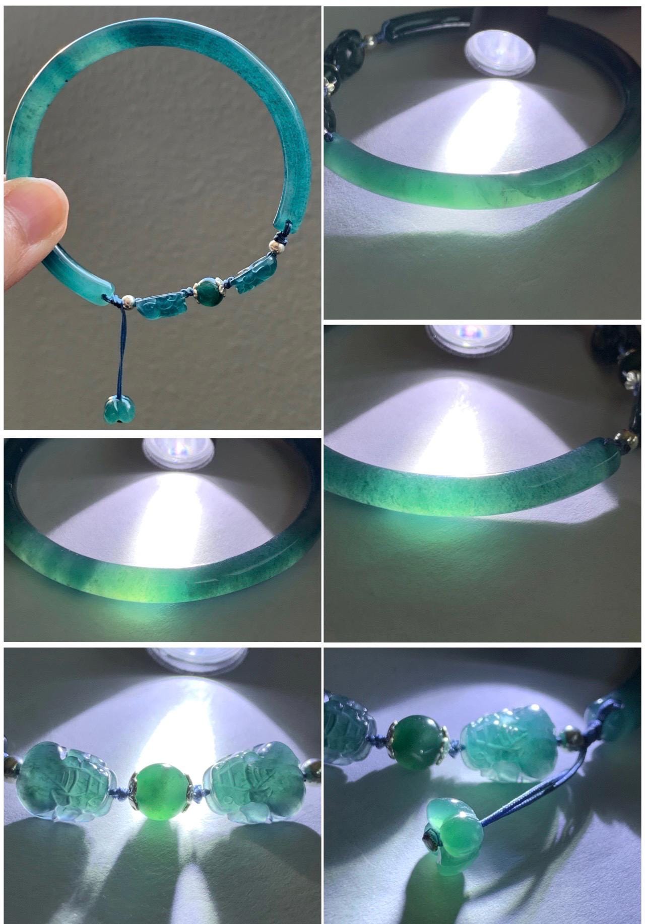 Natural Guatemalan Icy Translucent Dark Aegean Blue Jade Jadeite Open Bangle Bracelet w/ Double Pixiu Charms 56.5mm 天然老种冰胶危篮翡翠开口镯双貔貅 BZP250
