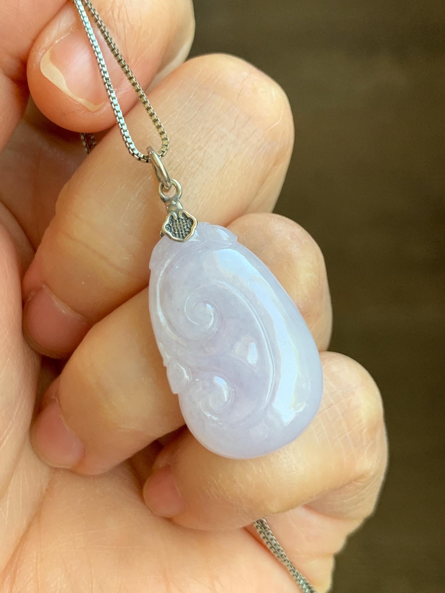 Natural Grade A Icy Translucent Light Purple Jade Jadeite Carved Ruyi Pendant Sterling Silver 6g 天然冰淡紫翡翠如意吊坠 MDZ150