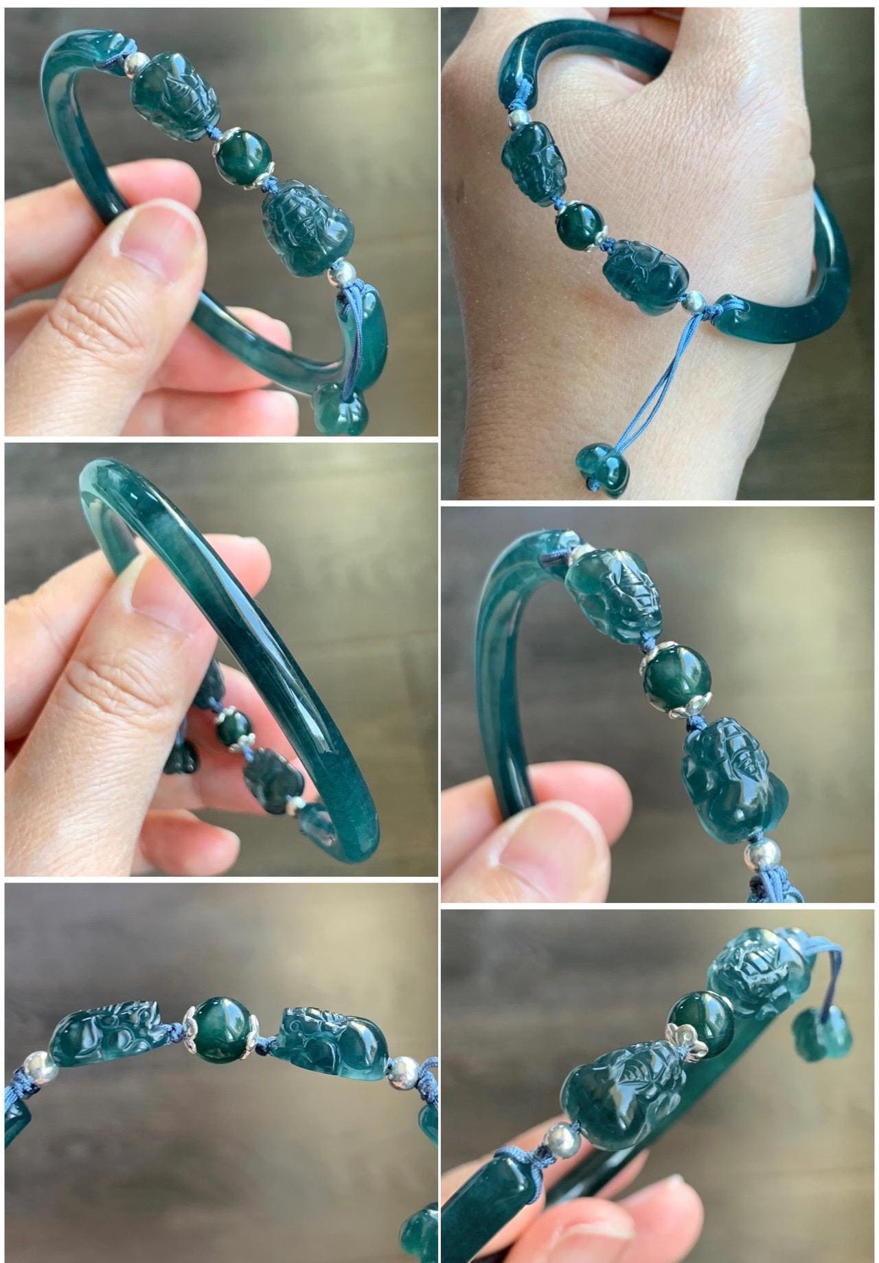 Natural Guatemalan Icy Translucent Dark Aegean Blue Jade Jadeite Open Bangle Bracelet w/ Double Pixiu Charms 56.5mm 天然老种冰胶危篮翡翠开口镯双貔貅 BZP250