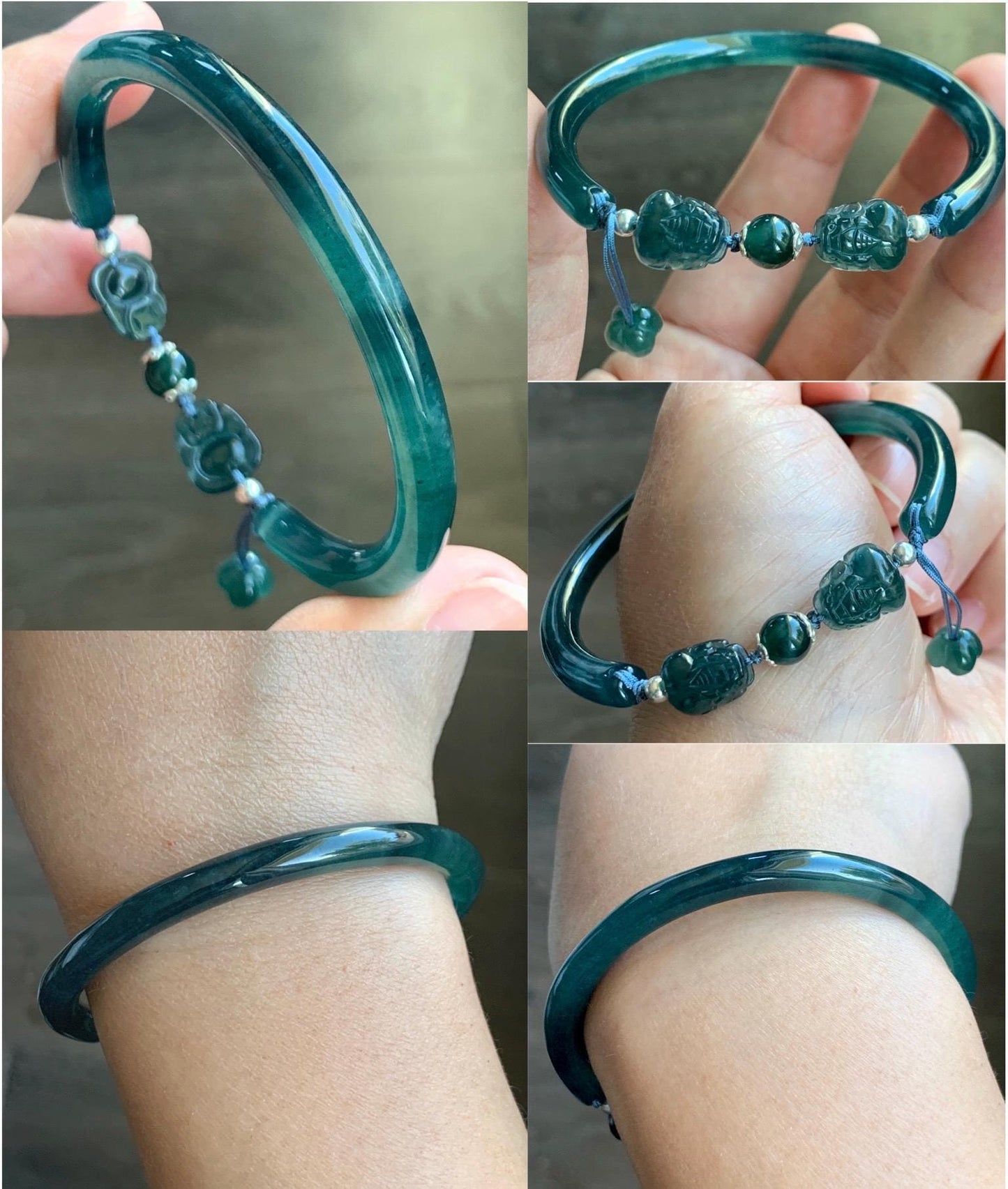 Natural Guatemalan Icy Translucent Dark Aegean Blue Jade Jadeite Open Bangle Bracelet w/ Double Pixiu Charms 56.5mm 天然老种冰胶危篮翡翠开口镯双貔貅 BZP250