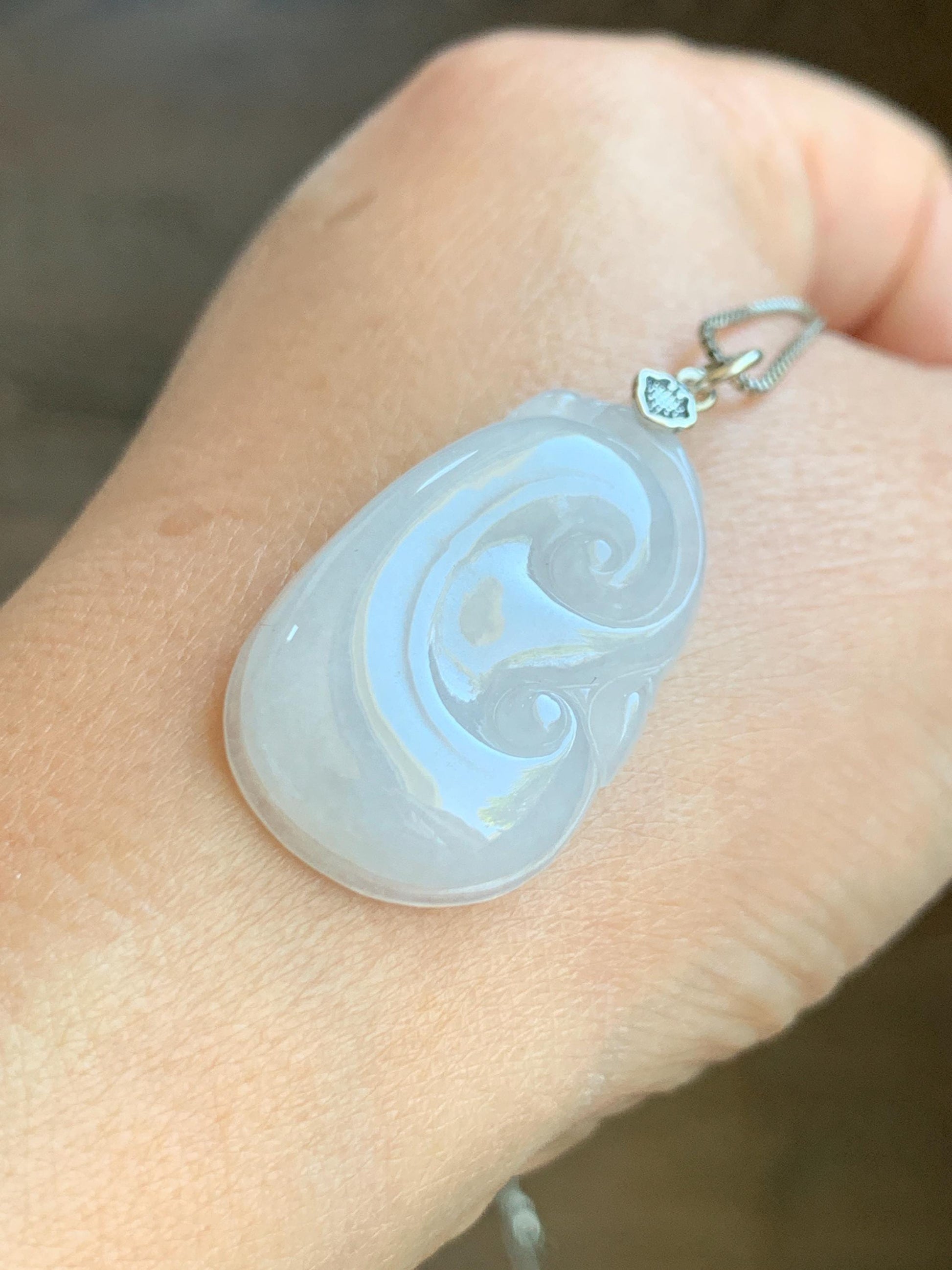 Natural Grade A Icy Translucent Gelatinous Icy White Jade Jadeite Carved Ruyi Pendant Sterling Silver 8g 天然白冰胶翡翠如意吊坠 MBR103