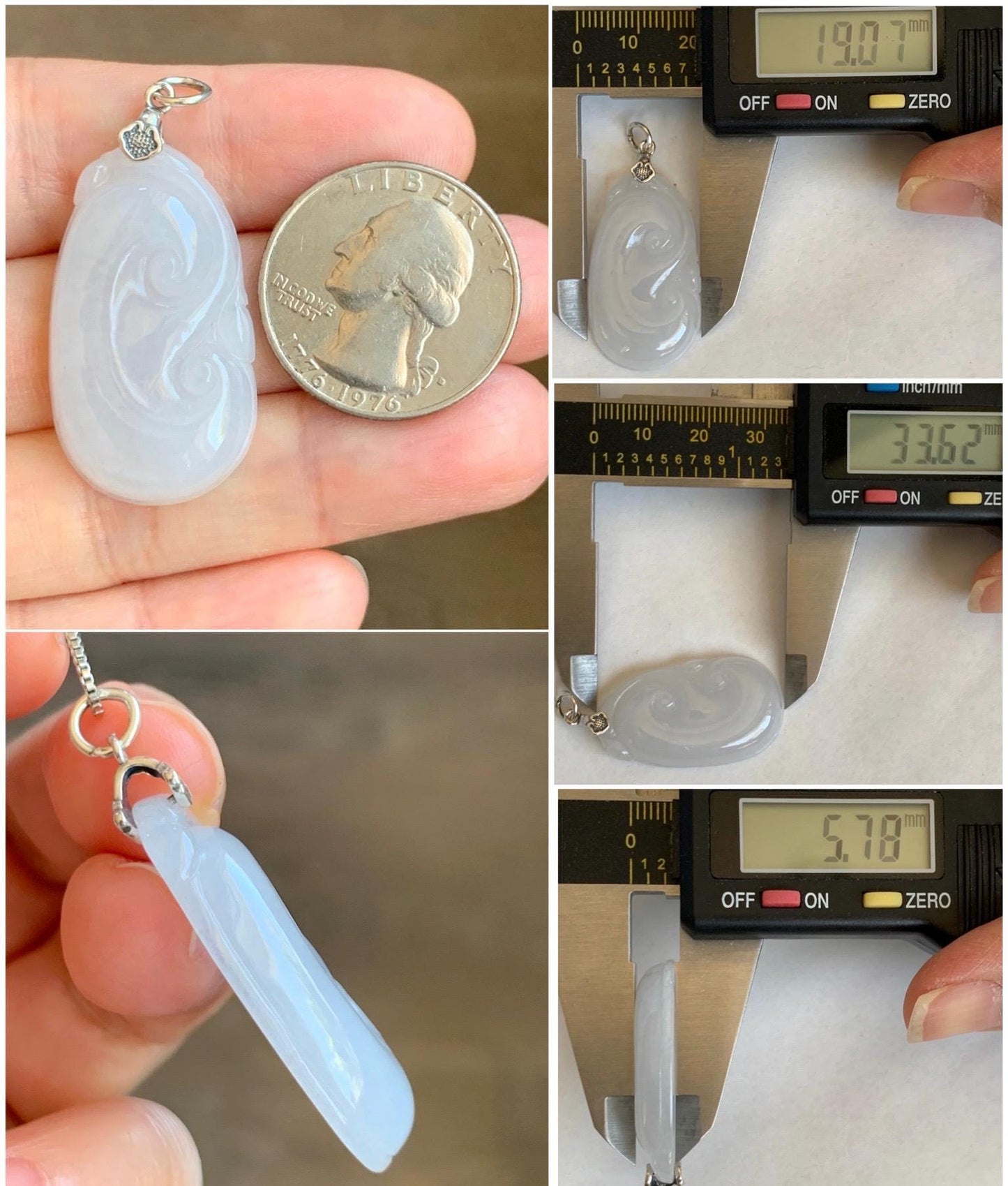 Natural Grade A Icy Translucent Gelatinous Icy White Jade Jadeite Carved Ruyi Pendant Sterling Silver 8g 天然白冰胶翡翠如意吊坠 MBR103