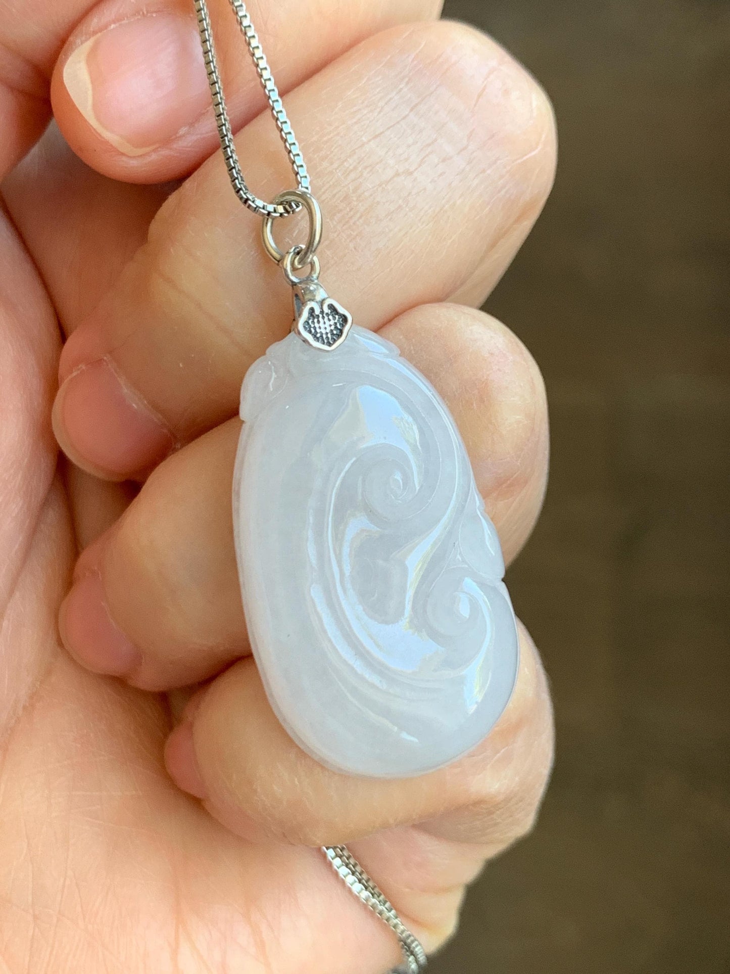 Natural Grade A Icy Translucent Gelatinous Icy White Jade Jadeite Carved Ruyi Pendant Sterling Silver 8g 天然白冰胶翡翠如意吊坠 MBR103