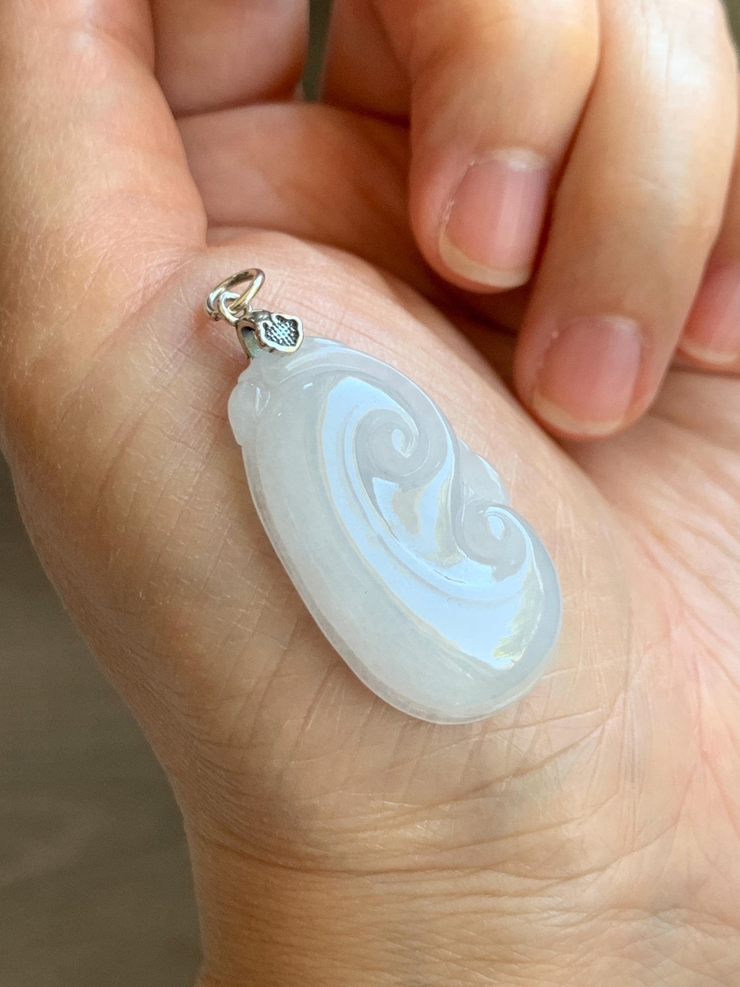Natural Grade A Icy Translucent Gelatinous Icy White Jade Jadeite Carved Ruyi Pendant Sterling Silver 8g 天然白冰胶翡翠如意吊坠 MBR103