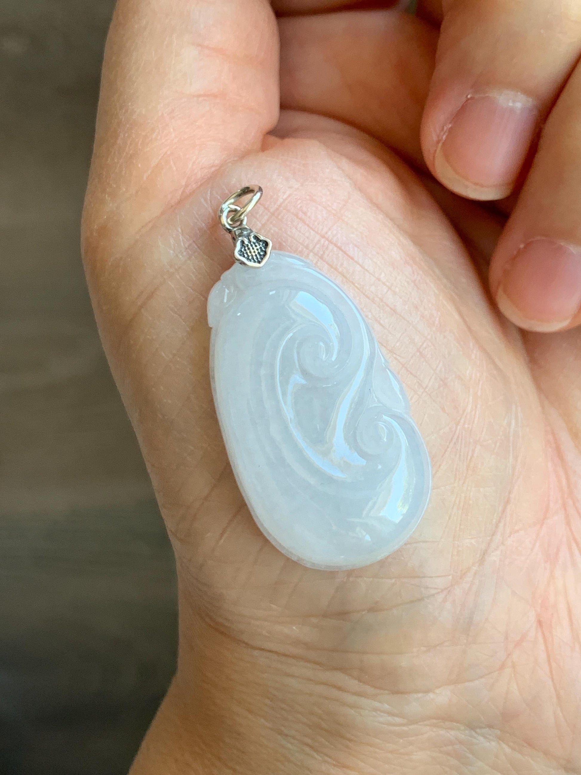 Natural Grade A Icy Translucent Gelatinous Icy White Jade Jadeite Carved Ruyi Pendant Sterling Silver 8g 天然白冰胶翡翠如意吊坠 MBR103