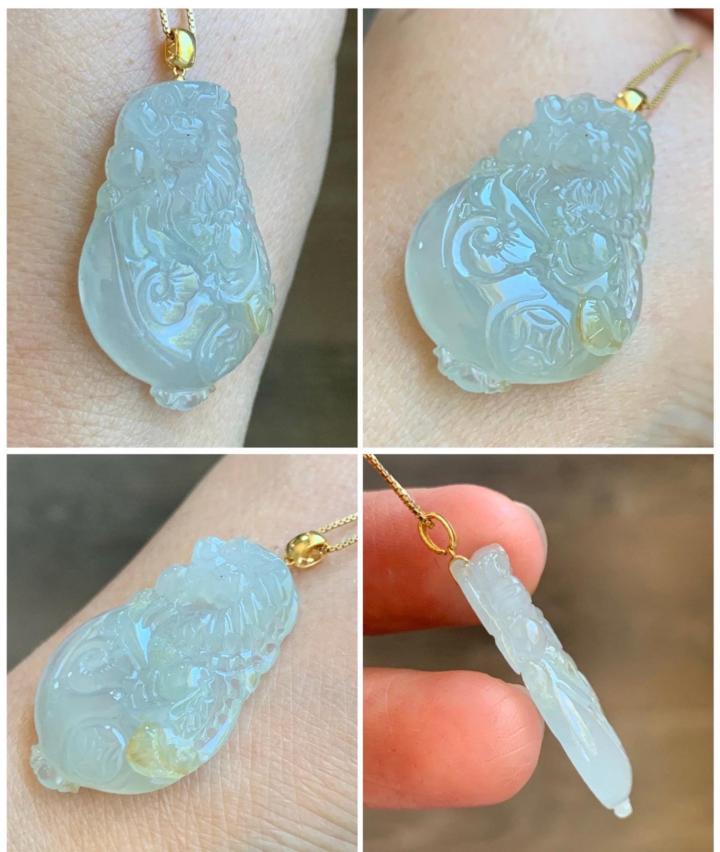 Certified Natural Grade A Icy Highly Translucent Jade Jadeite Carved Dragon Ping An Kou Donut Pendant 18K Yellow Gold 天然冰胶冰糖黄翡翠盘龙平安扣吊坠 9426
