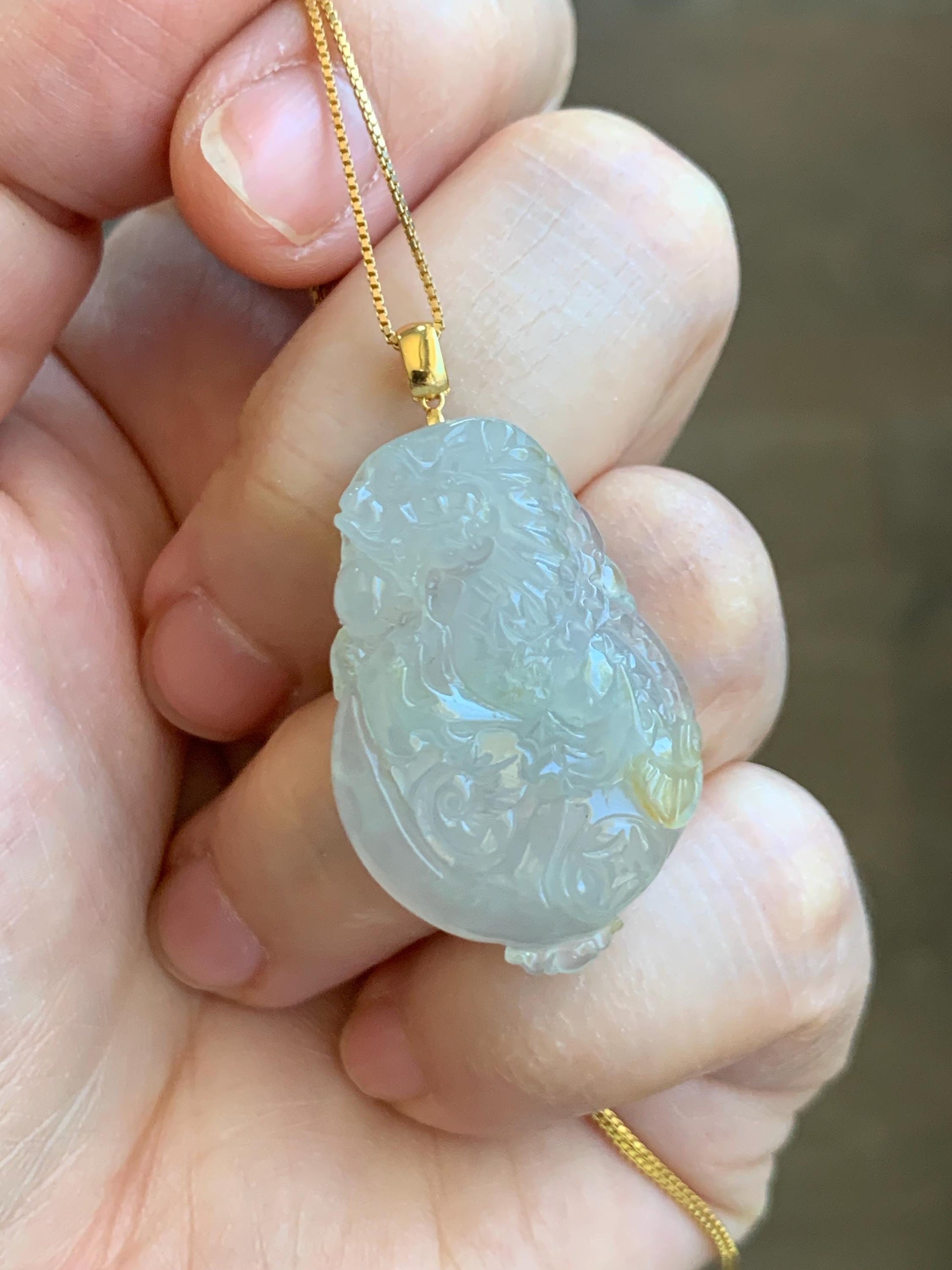 Certified Natural Grade A Icy Highly Translucent Jade Jadeite Carved Dragon Ping An Kou Donut Pendant 18K Yellow Gold 天然冰胶冰糖黄翡翠盘龙平安扣吊坠 9426