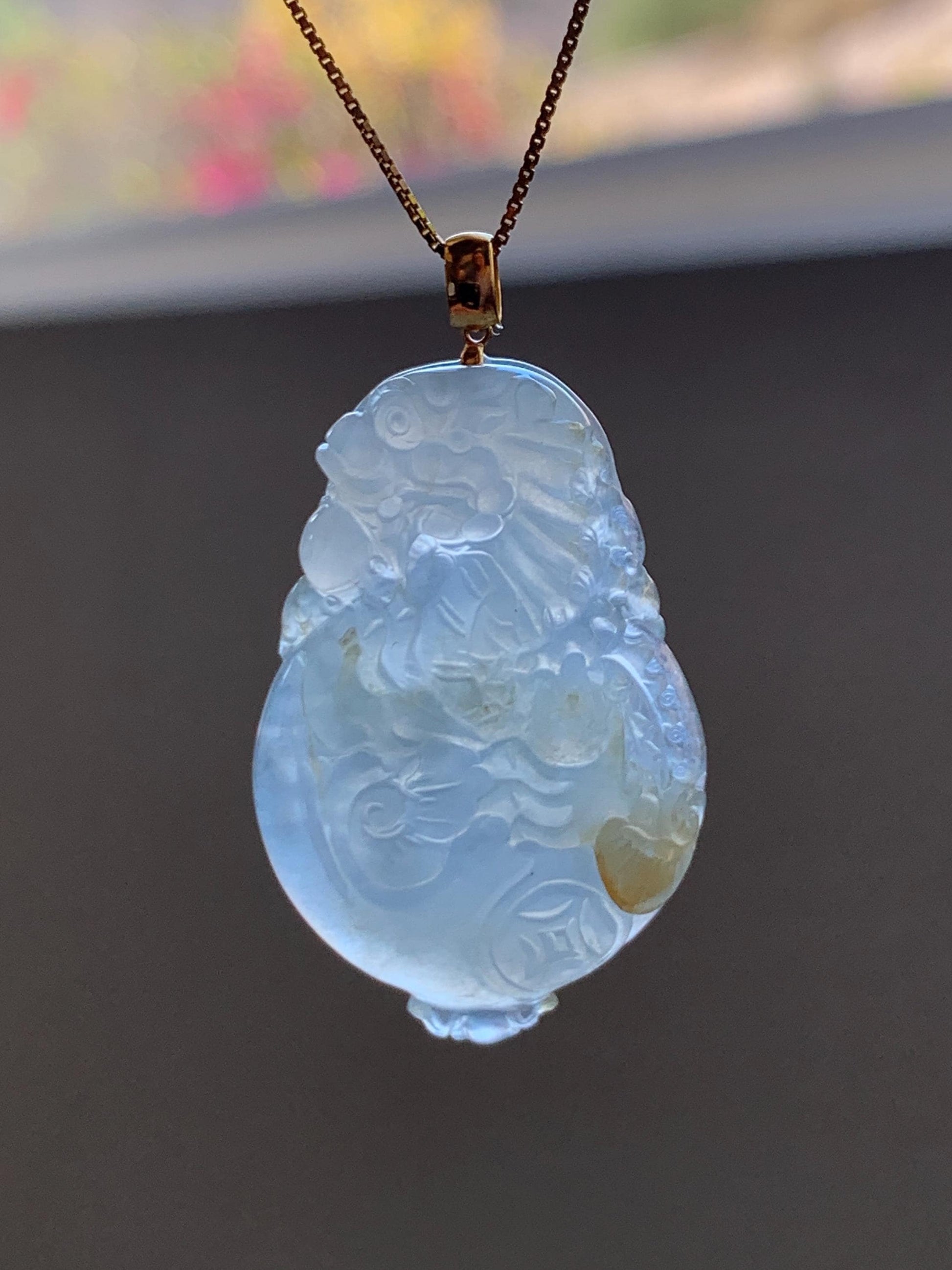 Certified Natural Grade A Icy Highly Translucent Jade Jadeite Carved Dragon Ping An Kou Donut Pendant 18K Yellow Gold 天然冰胶冰糖黄翡翠盘龙平安扣吊坠 9426