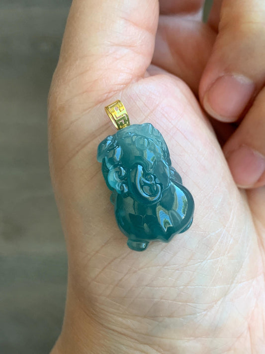 Certified Natural Grade A Guatemalan Icy Translucent Gelatinous Teal Blue Jade Jadeite Pixiu Pendant 18K Yellow Gold 7g 天然老种冰危蓝绿翡翠貔貅吊坠 9429