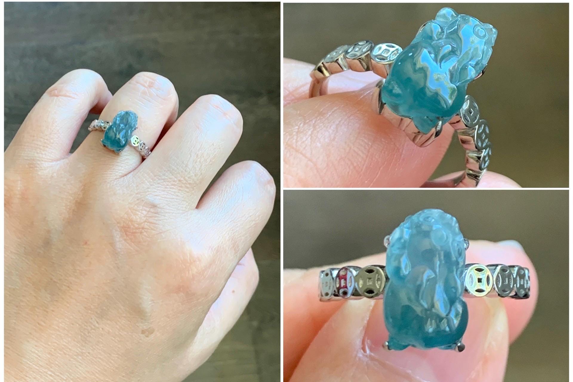 Certified Natural Grade A Guatemalan Icy Translucent Teal Green Jadeite Pixiu Ring Sterling Silver size 7.25 US 3.8g 天然冰胶危蓝绿翡翠貔貅银镶戒指 9449