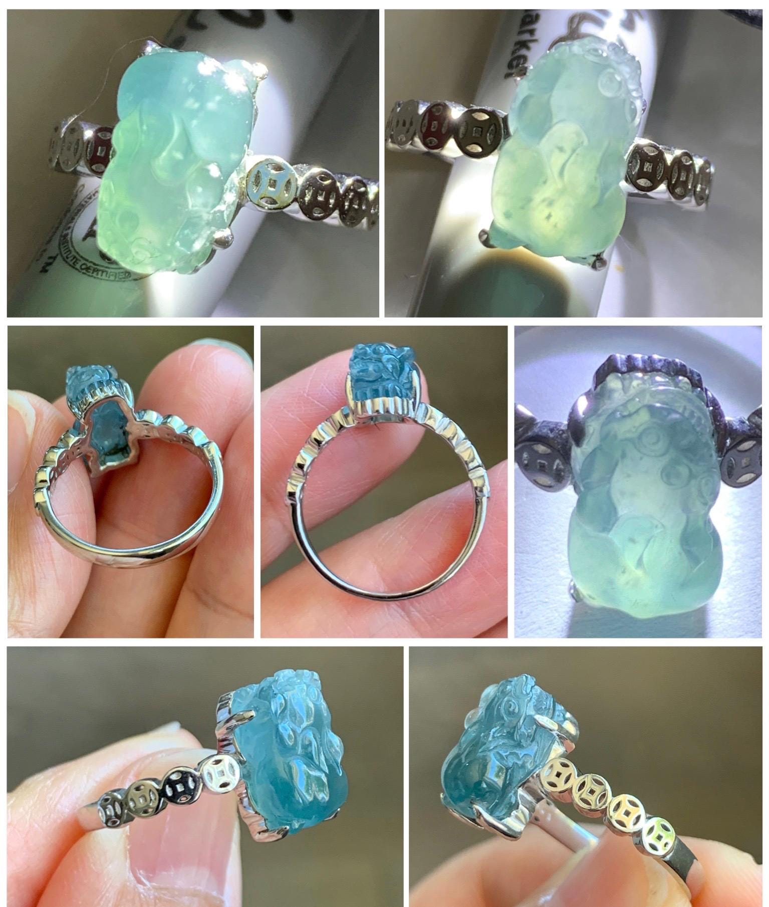 Certified Natural Grade A Guatemalan Icy Translucent Teal Green Jadeite Pixiu Ring Sterling Silver size 7.25 US 3.8g 天然冰胶危蓝绿翡翠貔貅银镶戒指 9449