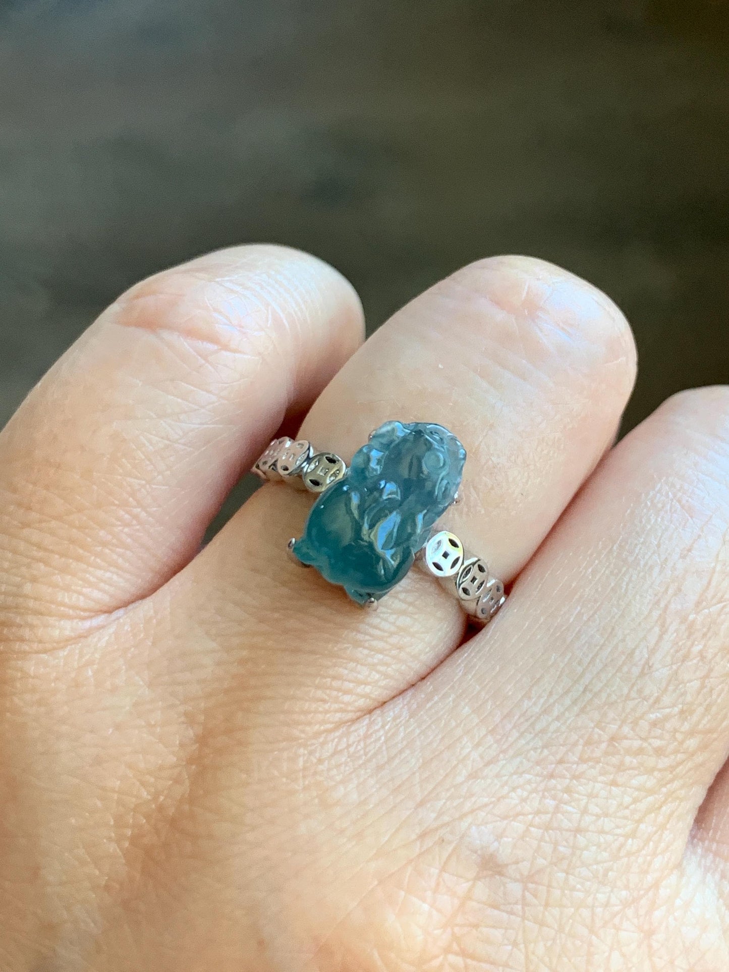 Certified Natural Grade A Guatemalan Icy Translucent Teal Green Jadeite Pixiu Ring Sterling Silver size 7.25 US 3.8g 天然冰胶危蓝绿翡翠貔貅银镶戒指 9449