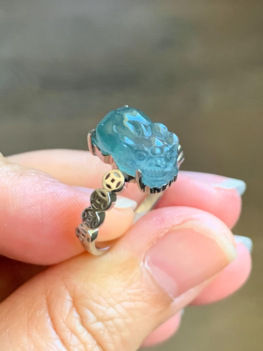 Certified Natural Grade A Guatemalan Icy Translucent Teal Green Jadeite Pixiu Ring Sterling Silver size 7.25 US 3.8g 天然冰胶危蓝绿翡翠貔貅银镶戒指 9449