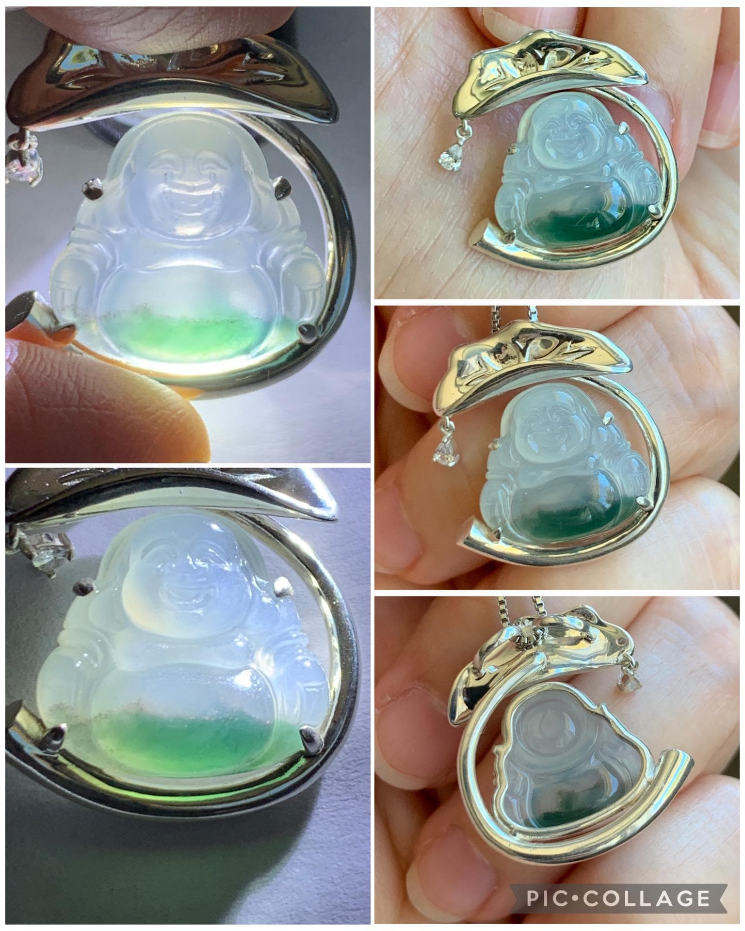 Certified Natural Grade A Icy Translucent Gelatinous White Green Marbled Jadeite Buddha Pendant Sterling Silver 4.89g 天然老种冰胶飘花翡翠佛公镶嵌吊坠 9462