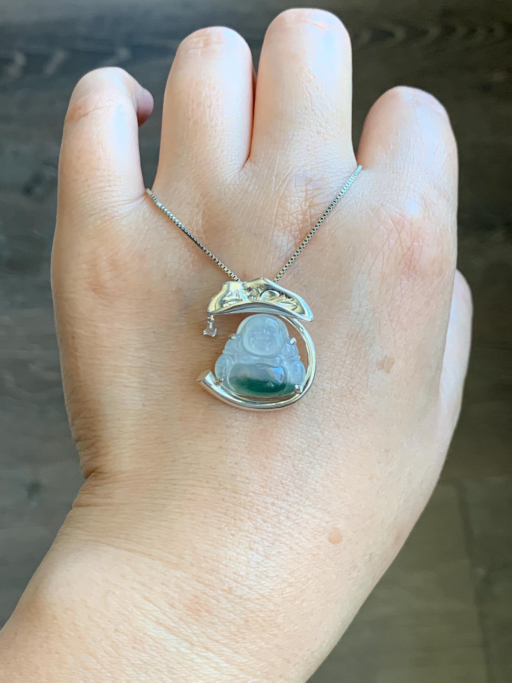 Certified Natural Grade A Icy Translucent Gelatinous White Green Marbled Jadeite Buddha Pendant Sterling Silver 4.89g 天然老种冰胶飘花翡翠佛公镶嵌吊坠 9462