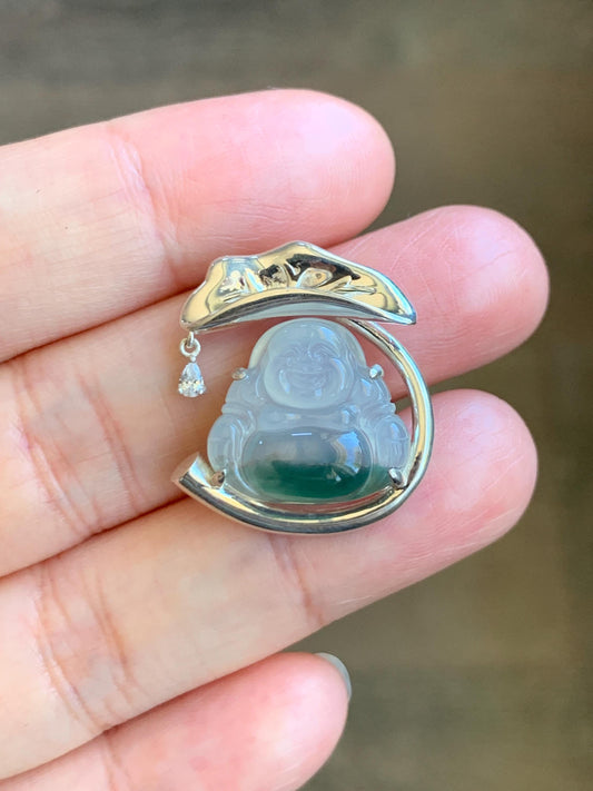 Certified Natural Grade A Icy Translucent Gelatinous White Green Marbled Jadeite Buddha Pendant Sterling Silver 4.89g 天然老种冰胶飘花翡翠佛公镶嵌吊坠 9462
