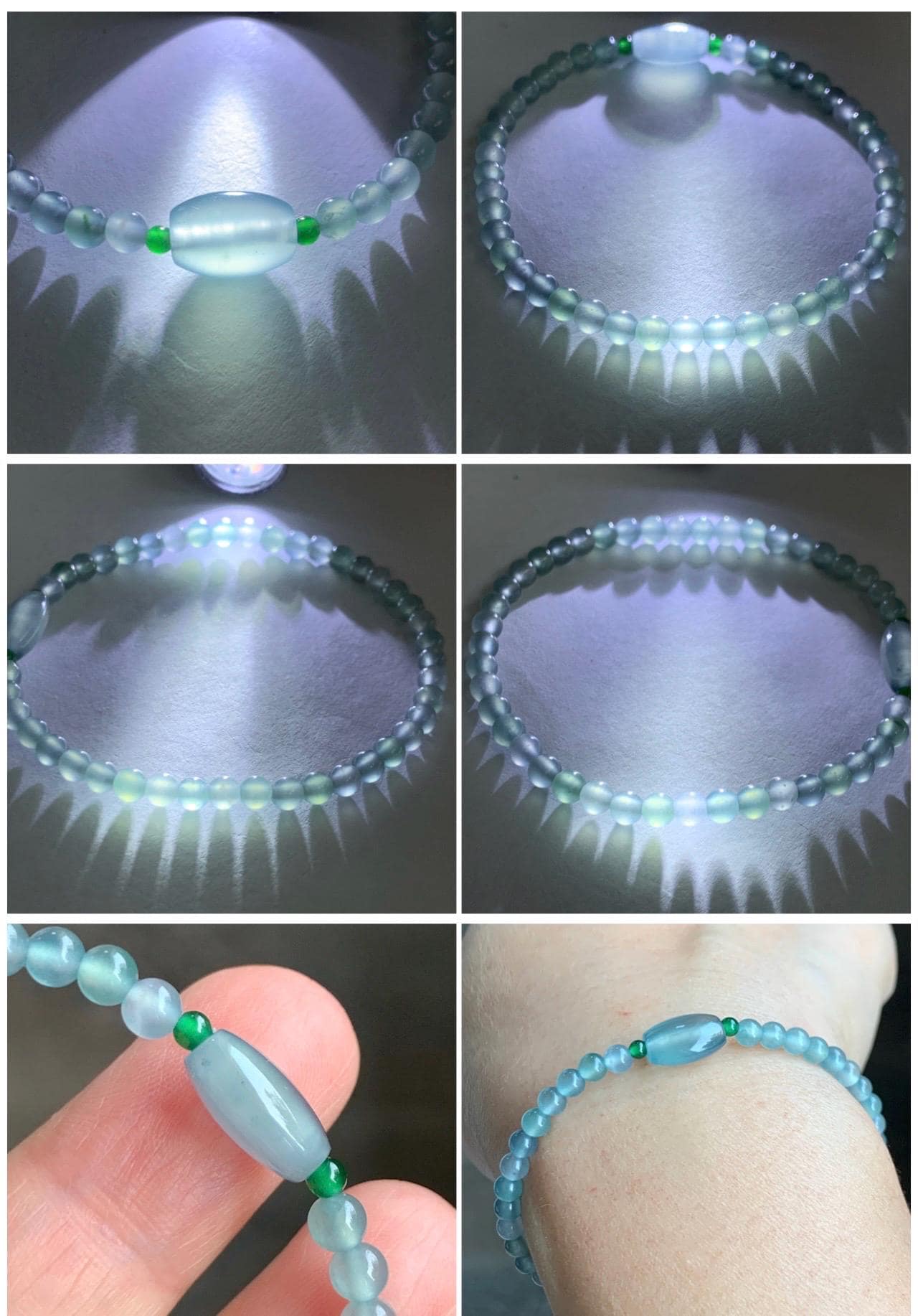 Natural Grade A Guatemalan Icy Highly Translucent Light Teal Blue Jade Jadeite Petite Beads Beaded Bracelet 6.75” 5g 天然高冰危起光蓝翡翠小珠手串 GBW188