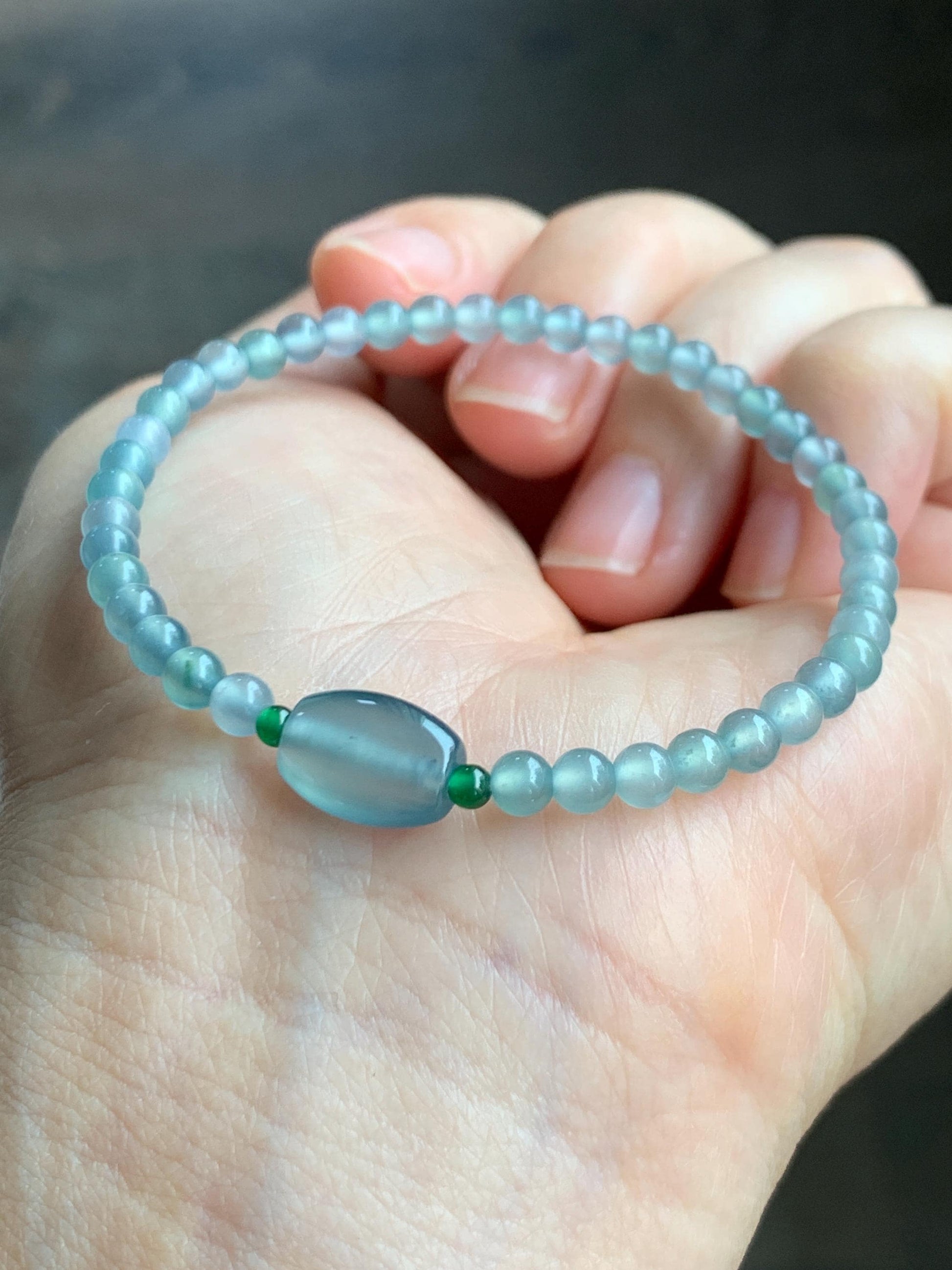 Natural Grade A Guatemalan Icy Highly Translucent Light Teal Blue Jade Jadeite Petite Beads Beaded Bracelet 6.75” 5g 天然高冰危起光蓝翡翠小珠手串 GBW188