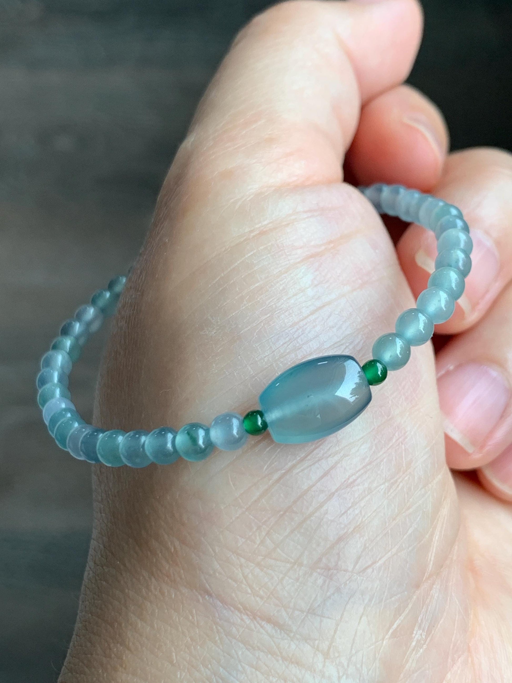 Natural Grade A Guatemalan Icy Highly Translucent Light Teal Blue Jade Jadeite Petite Beads Beaded Bracelet 6.75” 5g 天然高冰危起光蓝翡翠小珠手串 GBW188
