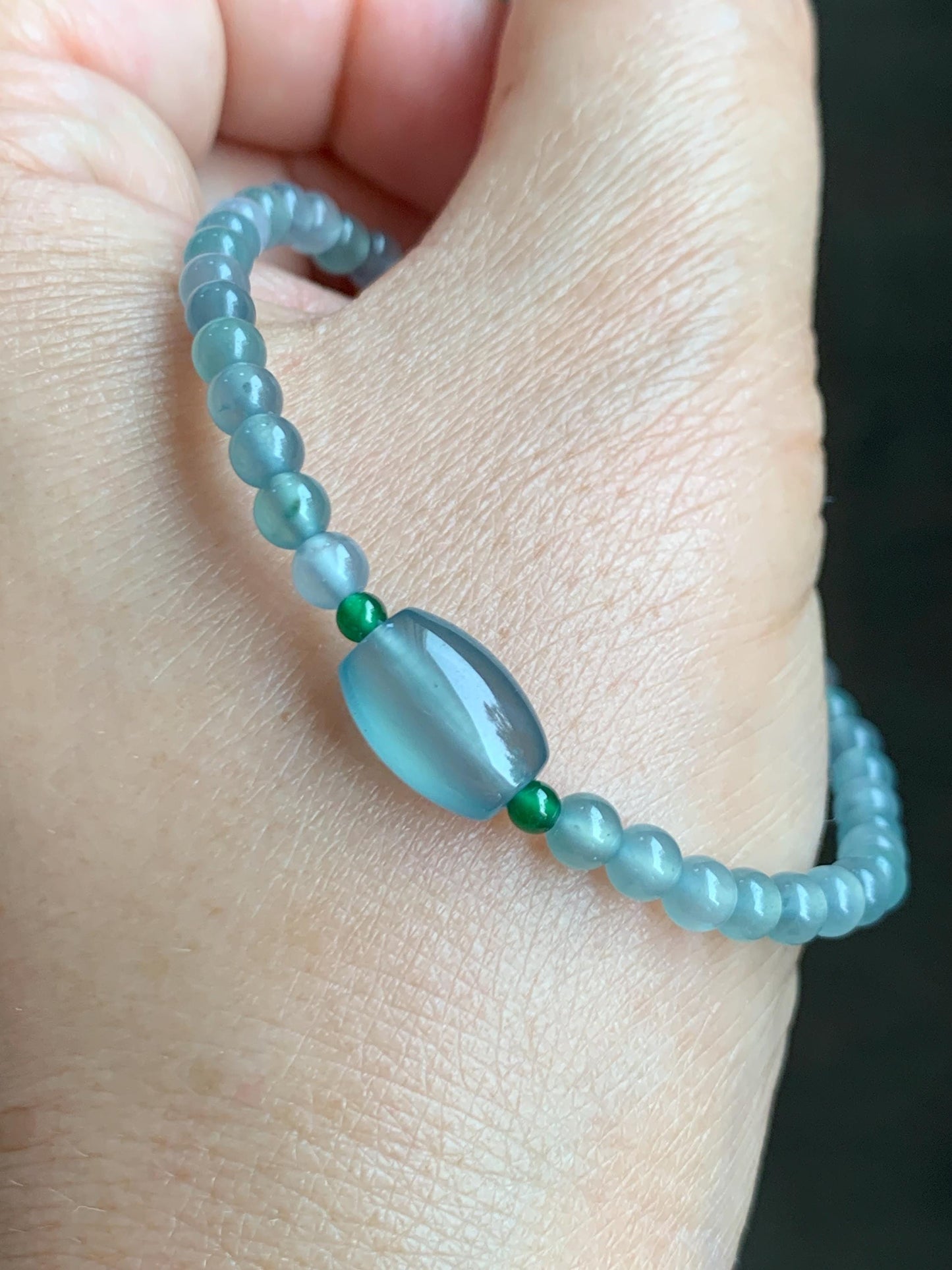 Natural Grade A Guatemalan Icy Highly Translucent Light Teal Blue Jade Jadeite Petite Beads Beaded Bracelet 6.75” 5g 天然高冰危起光蓝翡翠小珠手串 GBW188