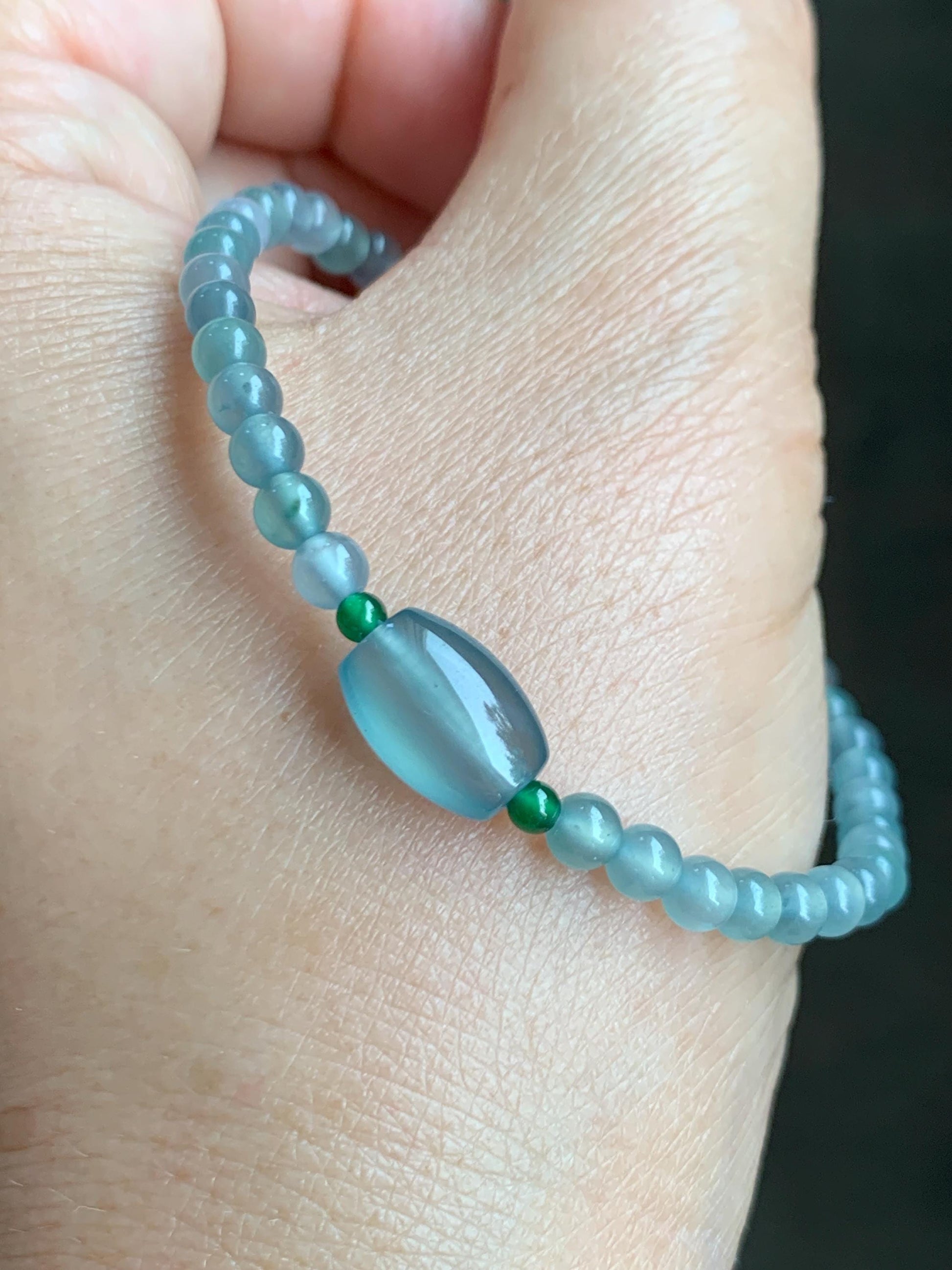 Natural Grade A Guatemalan Icy Highly Translucent Light Teal Blue Jade Jadeite Petite Beads Beaded Bracelet 6.75” 5g 天然高冰危起光蓝翡翠小珠手串 GBW188