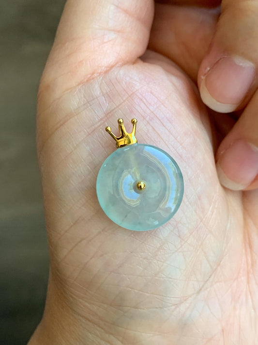 Certified Natural Icy Highly Translucent Gelatinous Pastel Green Jade Jadeite Ping An Kou Donut Pendant 14K Yellow Gold 天然冰淡绿平安扣镶嵌吊坠 9434