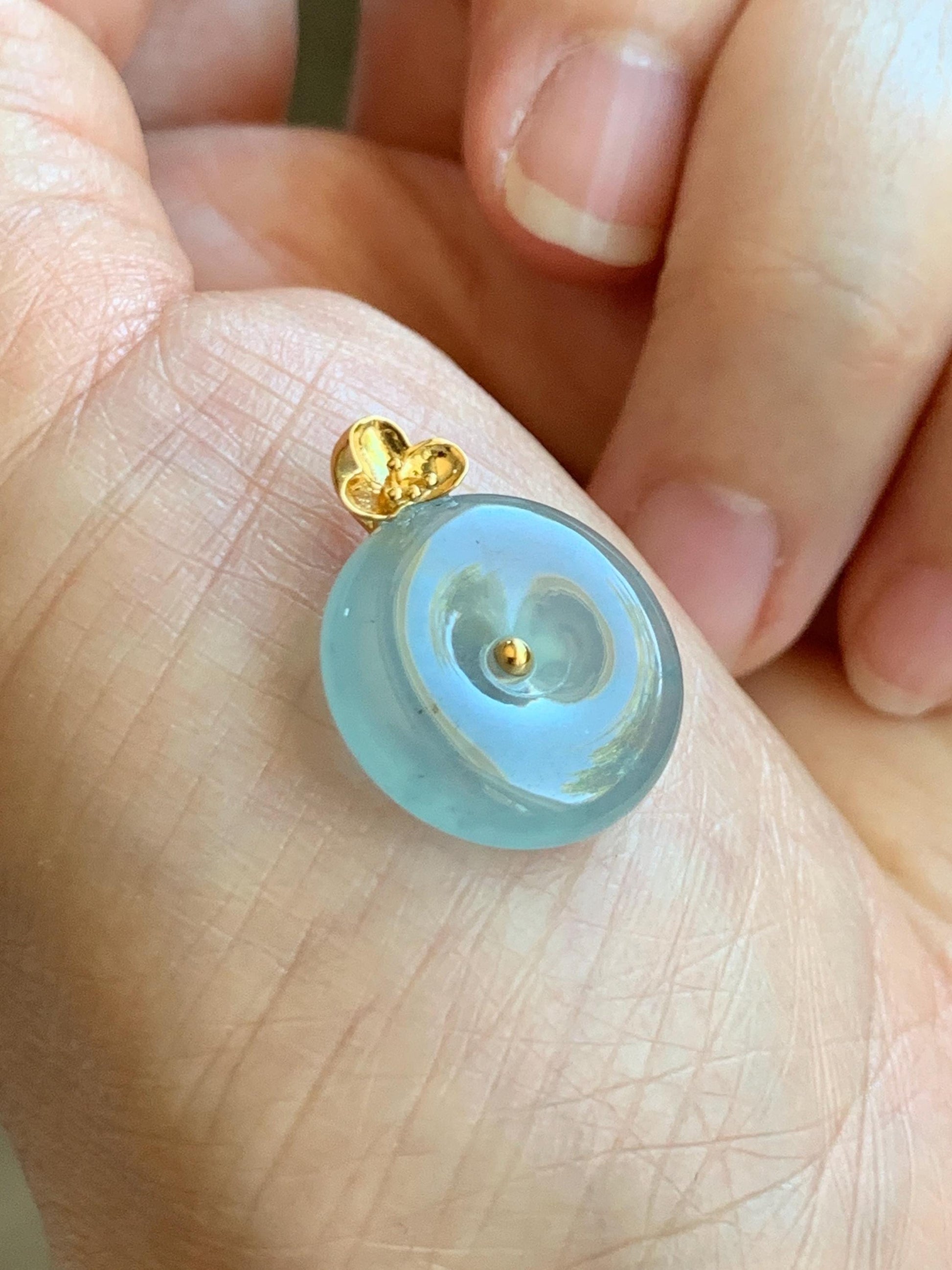 Certified Natural Guatemalan Icy Highly Translucent Light Blue Jade Jadeite Ping An Kou Donut Pendant 14K Yellow Gold 天然冰危淡蓝平安扣镶嵌吊坠 9420