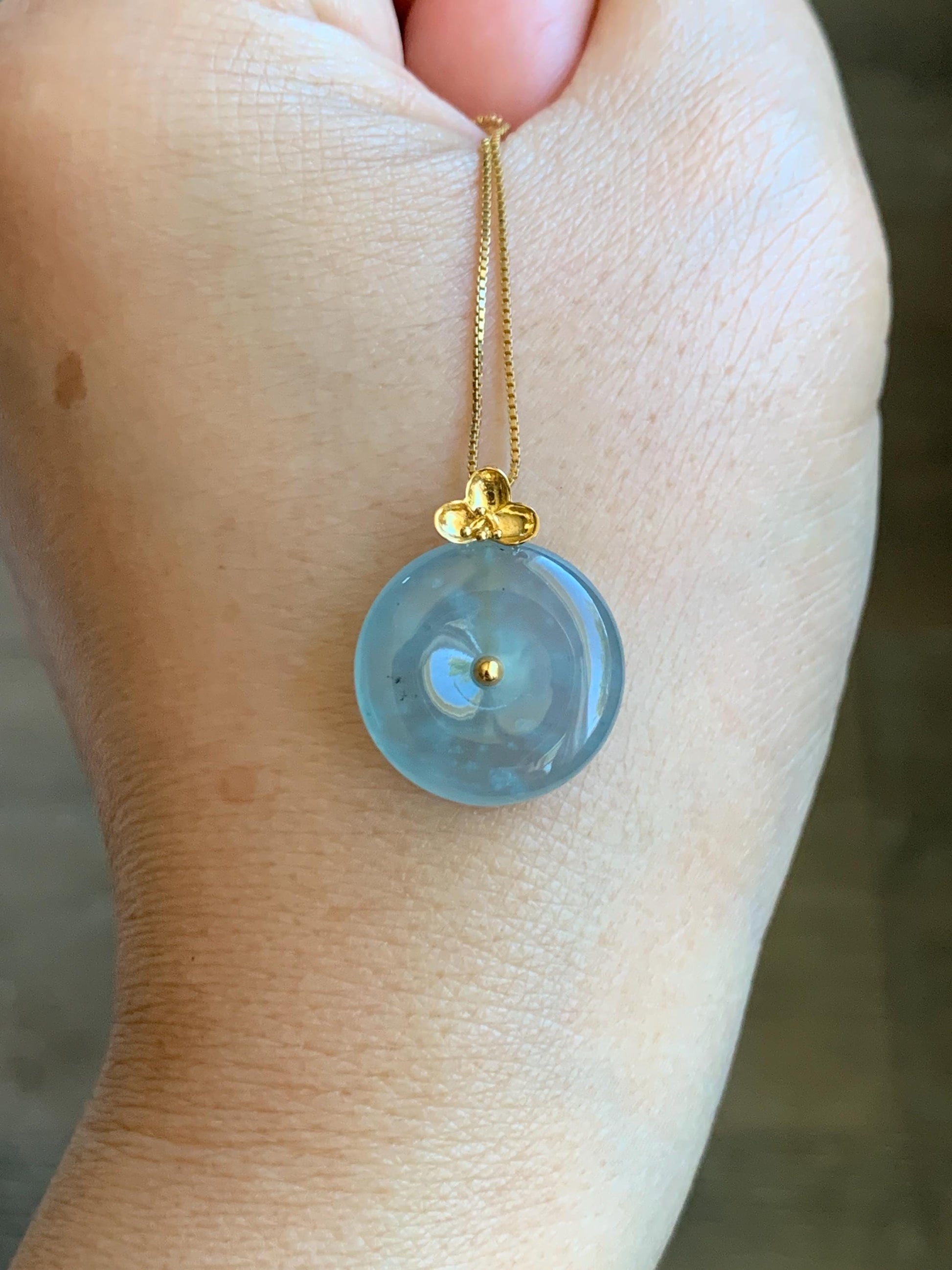 Certified Natural Guatemalan Icy Highly Translucent Light Blue Jade Jadeite Ping An Kou Donut Pendant 14K Yellow Gold 天然冰危淡蓝平安扣镶嵌吊坠 9420