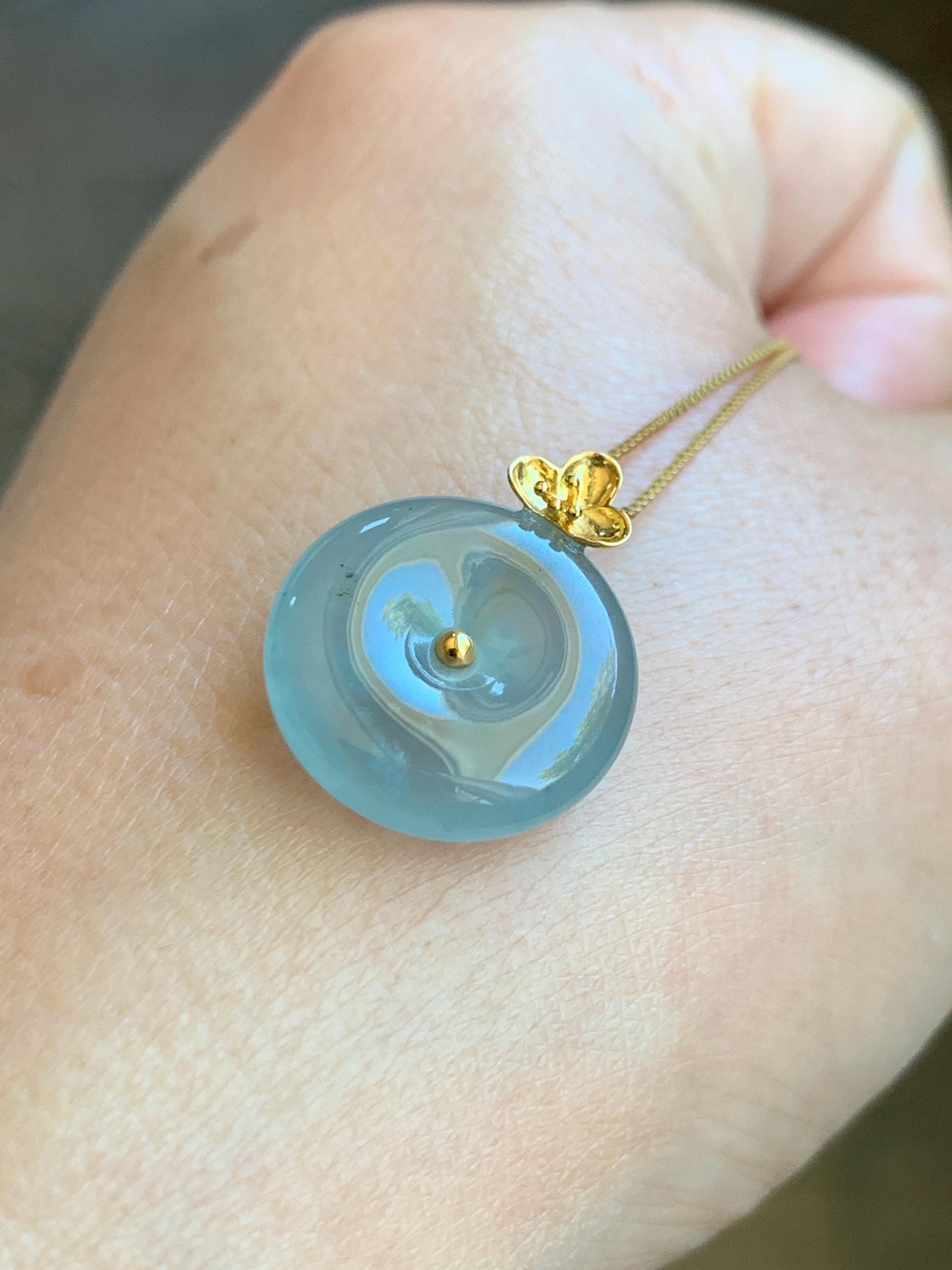 Certified Natural Guatemalan Icy Highly Translucent Light Blue Jade Jadeite Ping An Kou Donut Pendant 14K Yellow Gold 天然冰危淡蓝平安扣镶嵌吊坠 9420