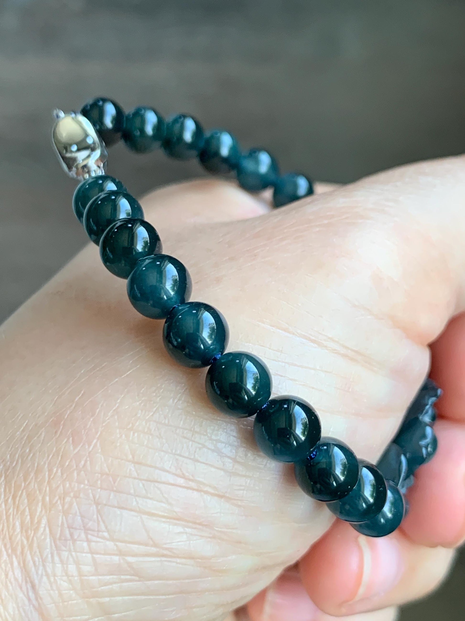 Natural Grade A Guatemalan Icy Translucent Midnight Blue Jade Jadeite Lotus Flower Beaded Bracelet 7” Sterling Silver 天然冰危深蓝翡翠莲花手串 SLH245