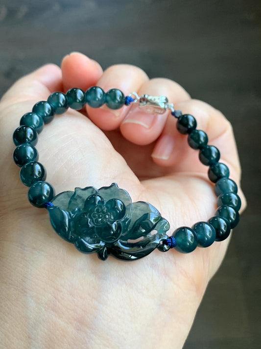 Natural Grade A Guatemalan Icy Translucent Midnight Blue Jade Jadeite Lotus Flower Beaded Bracelet 7” Sterling Silver 天然冰危深蓝翡翠莲花手串 SLH245