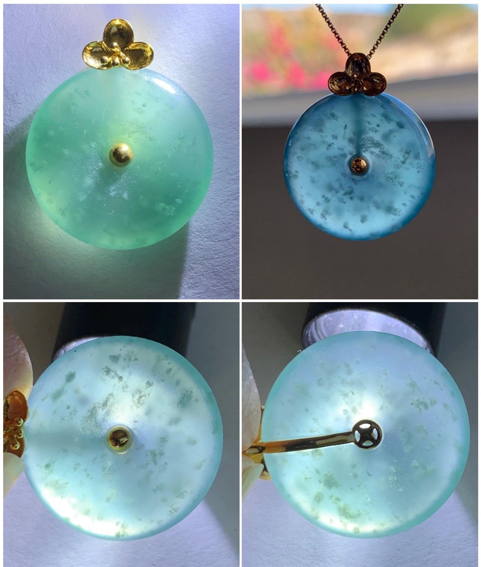 Certified Natural Guatemalan Icy Highly Translucent Teal Blue Jade Jadeite Ping An Kou Donut Pendant 14K Yellow Gold 天然冰危蓝平安扣镶嵌吊坠 9422