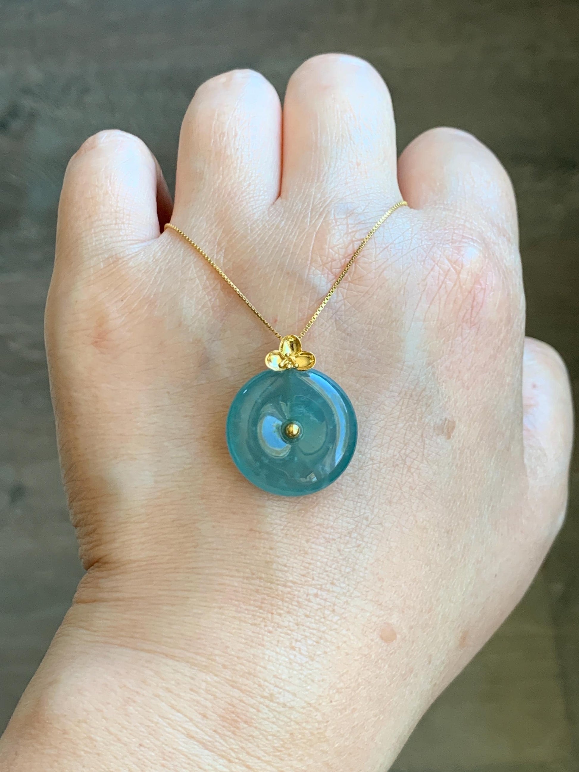 Certified Natural Guatemalan Icy Highly Translucent Teal Blue Jade Jadeite Ping An Kou Donut Pendant 14K Yellow Gold 天然冰危蓝平安扣镶嵌吊坠 9422